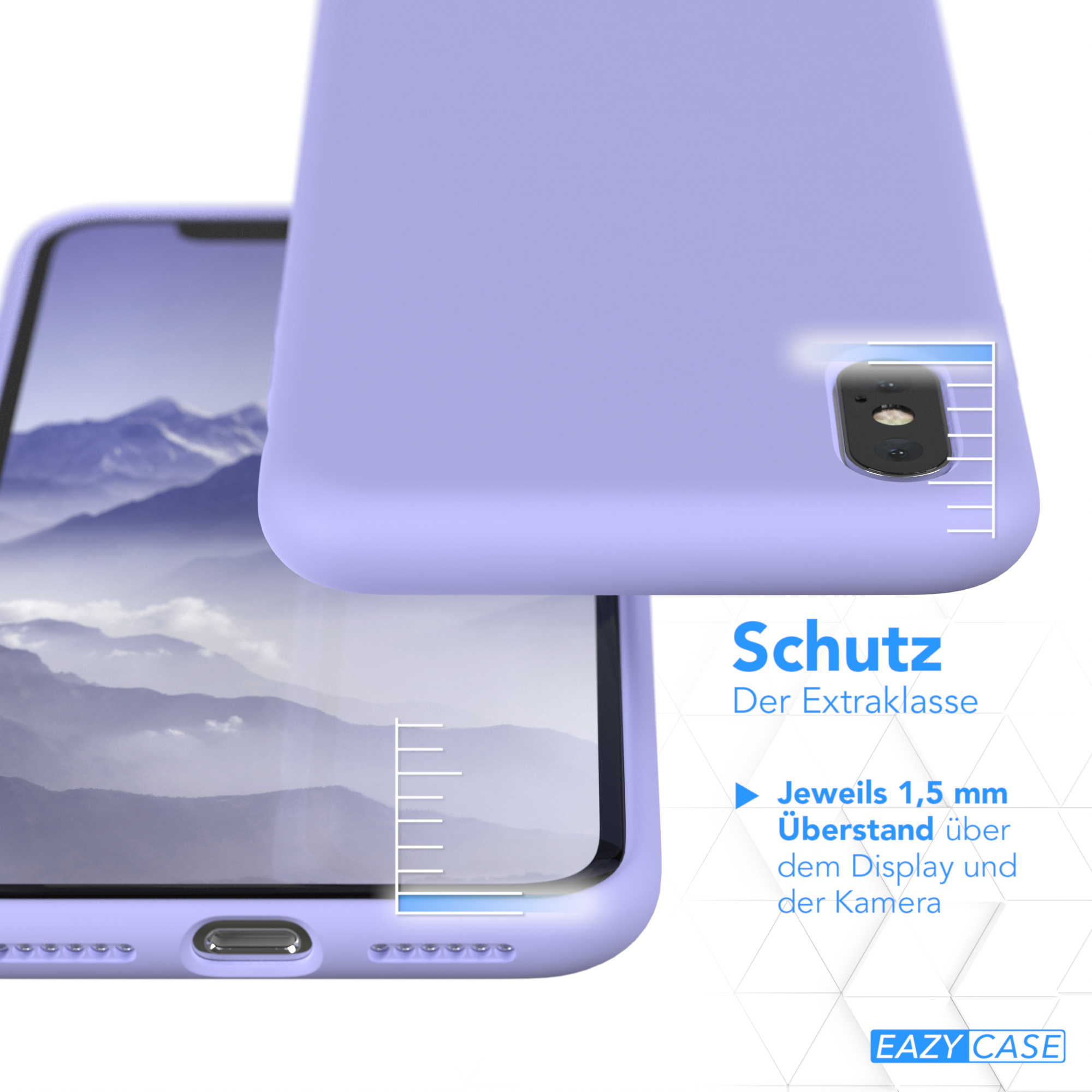 Lila Handyhülle mit Telefon darin. Die Hülle überlappt den Telefonbildschirm, Schutz wird gezeigt.