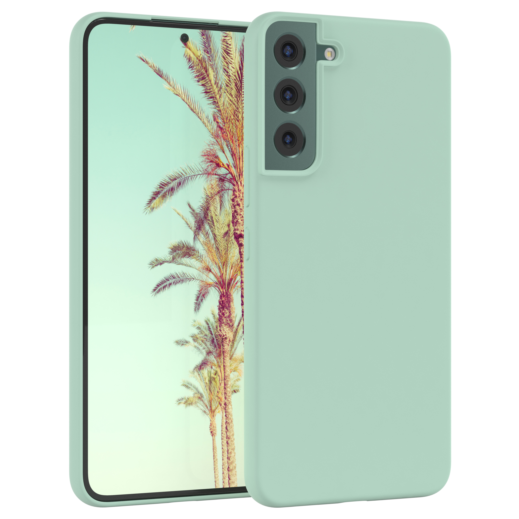 Minzgrüne Handyhülle auf einem Telefon, das eine Strandszene mit Palmen vor türkisblauem Himmel zeigt.