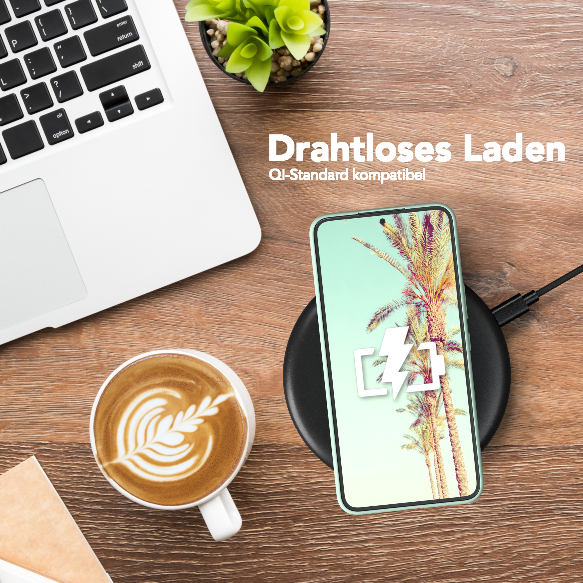 Telefon auf kabellosem Ladegerät auf einem Holztisch. Text: Drahtloses Laden, Qi-Standard kompatibel.