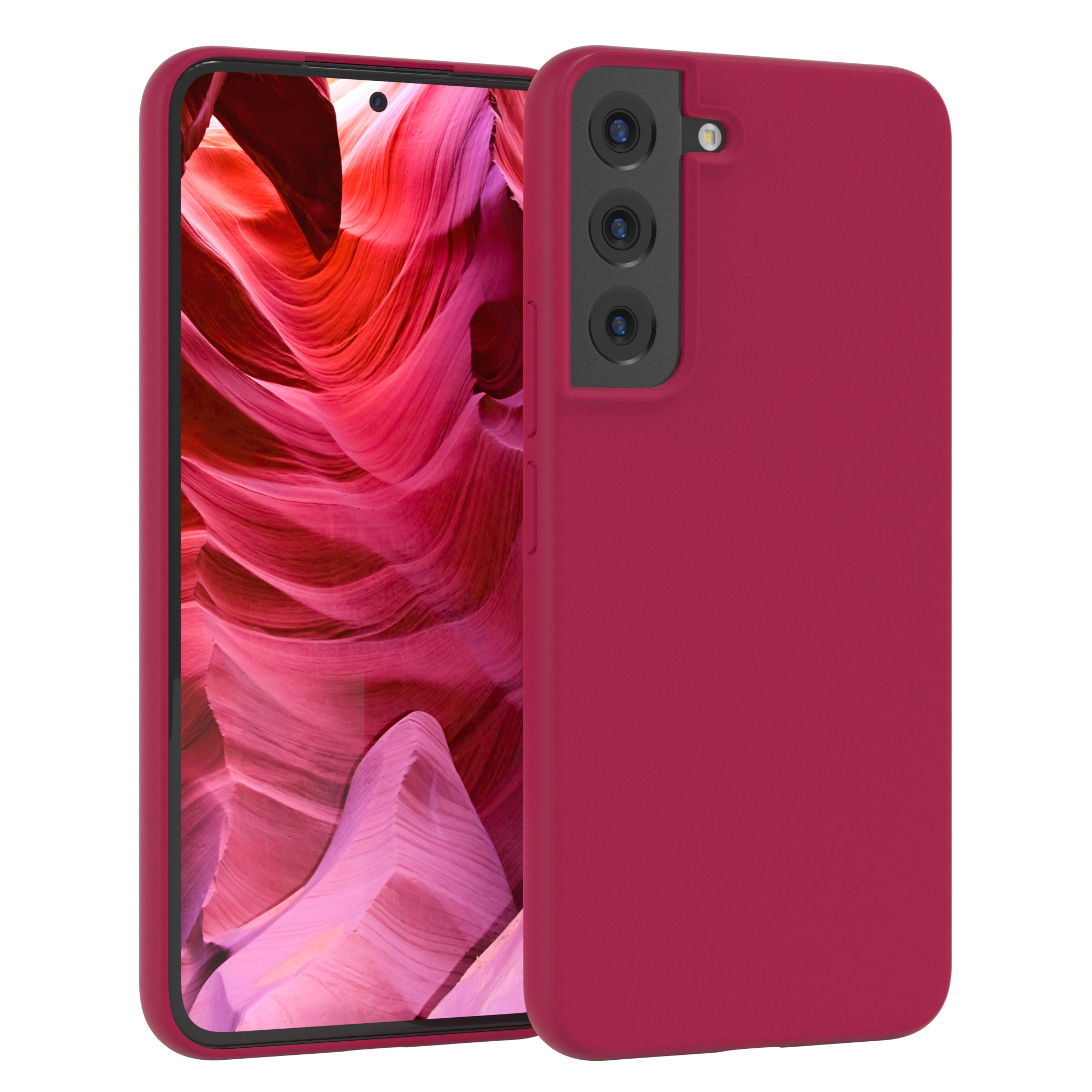 Ein weinrotes Telefon in einer Hülle, das sich an das Display des Telefons mit einem roten und rosa Muster anlehnt.