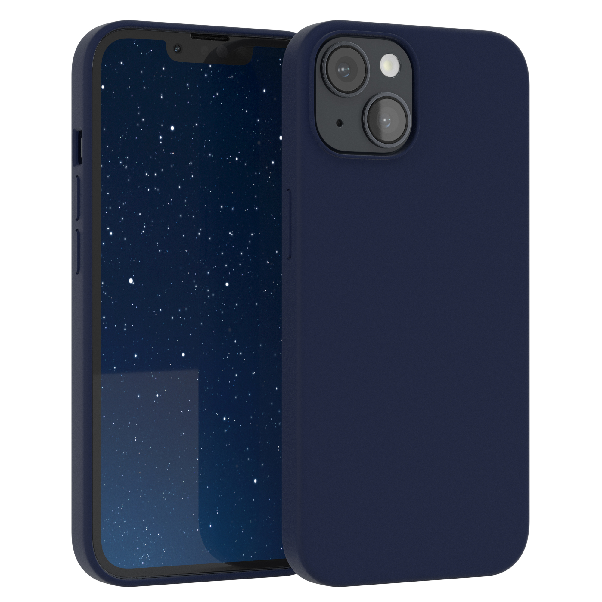 Dunkelblaue Handyhülle mit Telefon, das eine Sternennacht zeigt.