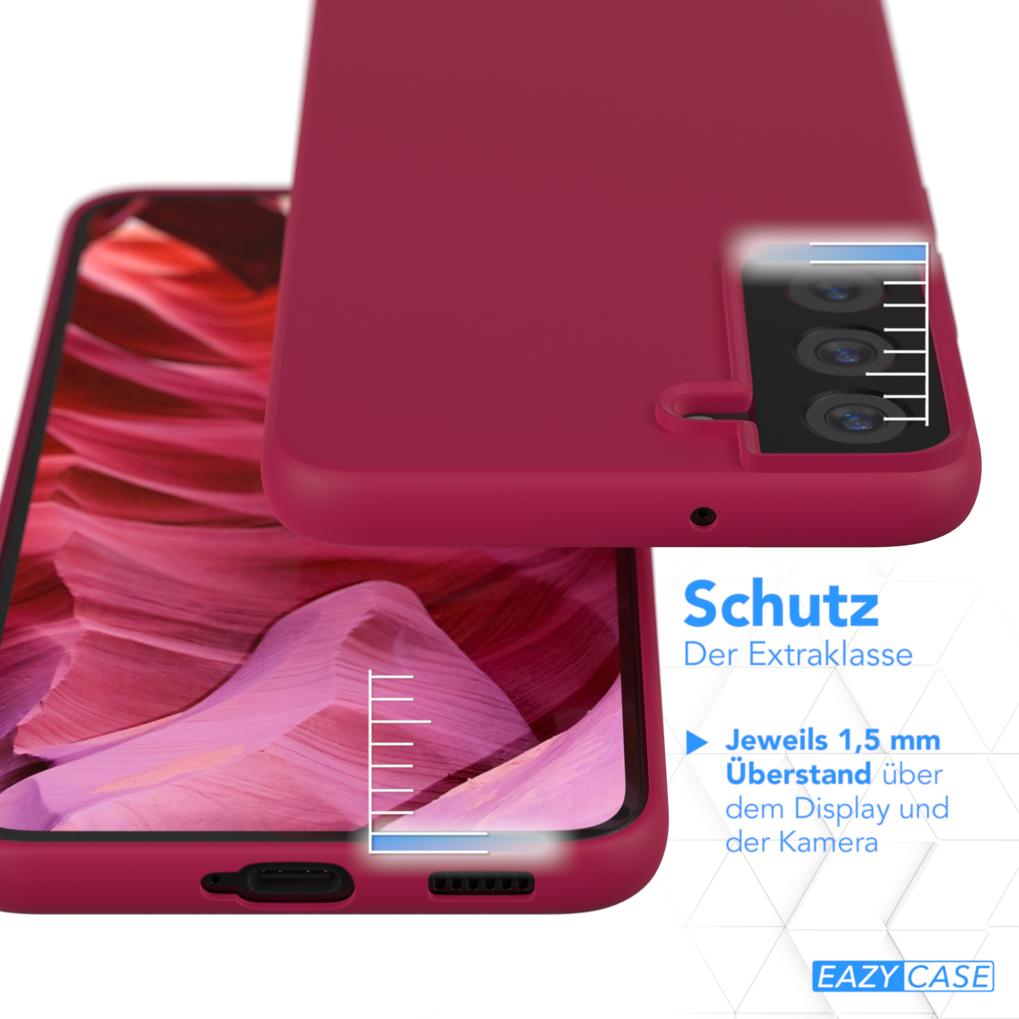 Handyhülle mit Maßen. Text: Schutz Der Extraklasse. Text und Maße von 1,5 mm über Display und Kamera.