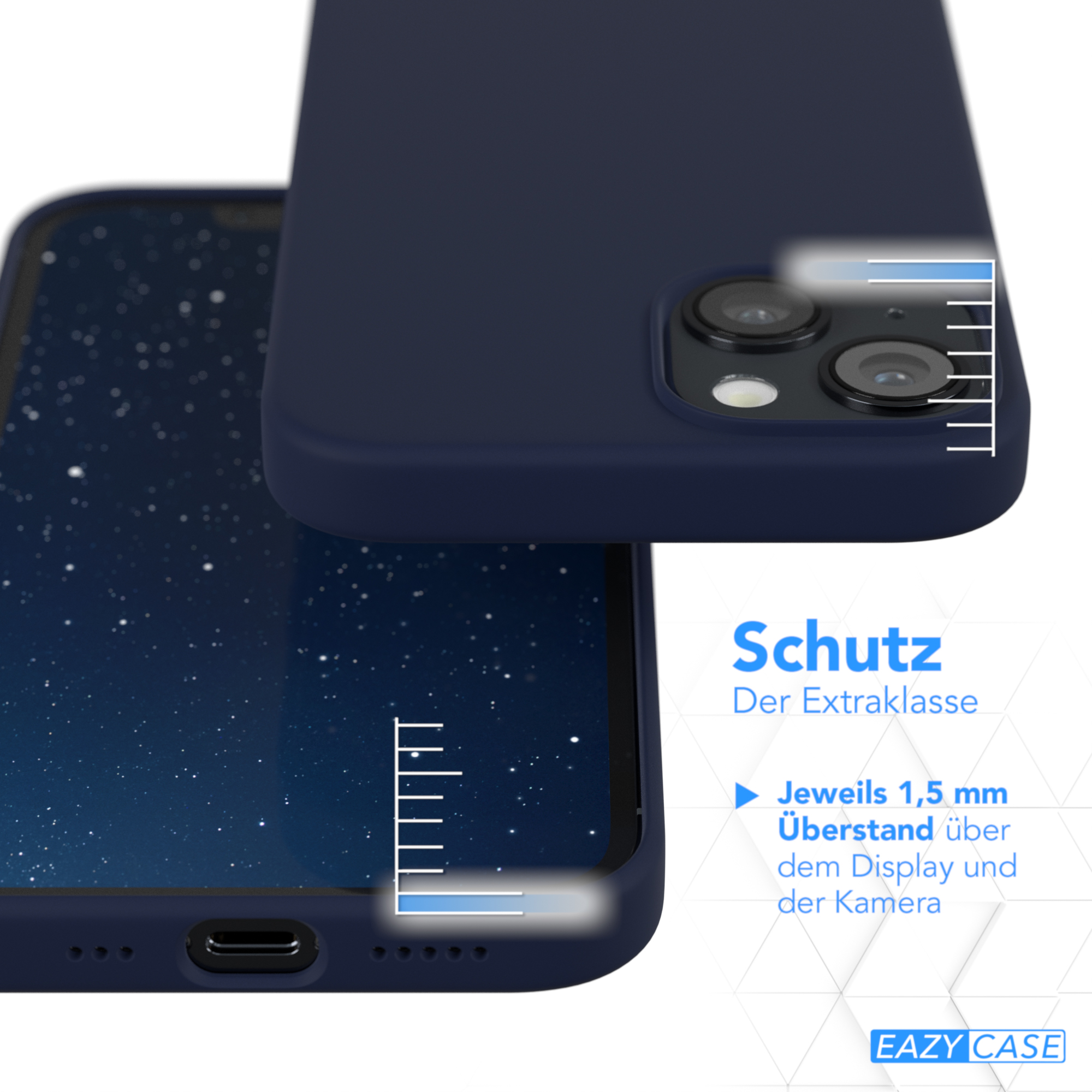Eine marineblaue Handyhülle und ein Telefon, die Hülle befindet sich über dem Telefon. Es gibt eine Schutzbeschreibung.