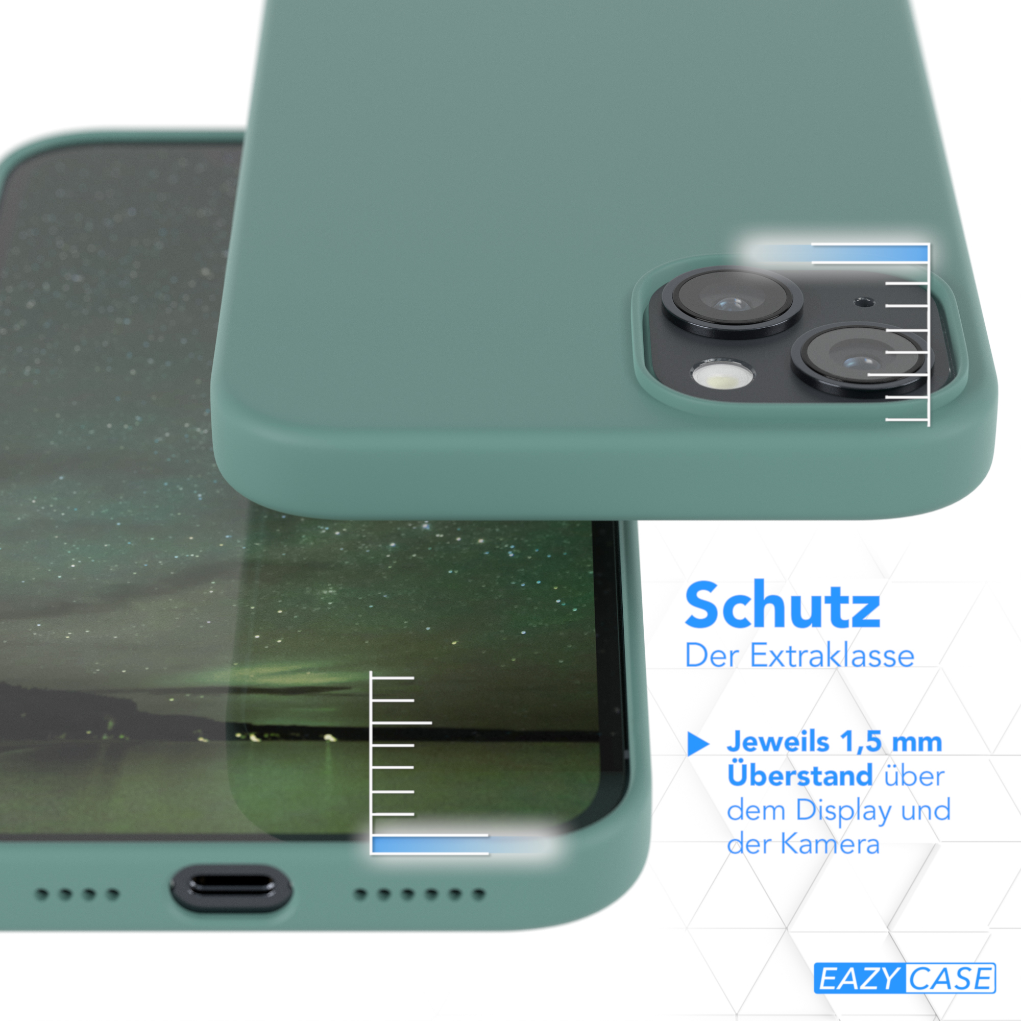 Eine grüne Handyhülle neben einem Telefon, die den Bildschirmschutz der Hülle zeigt.