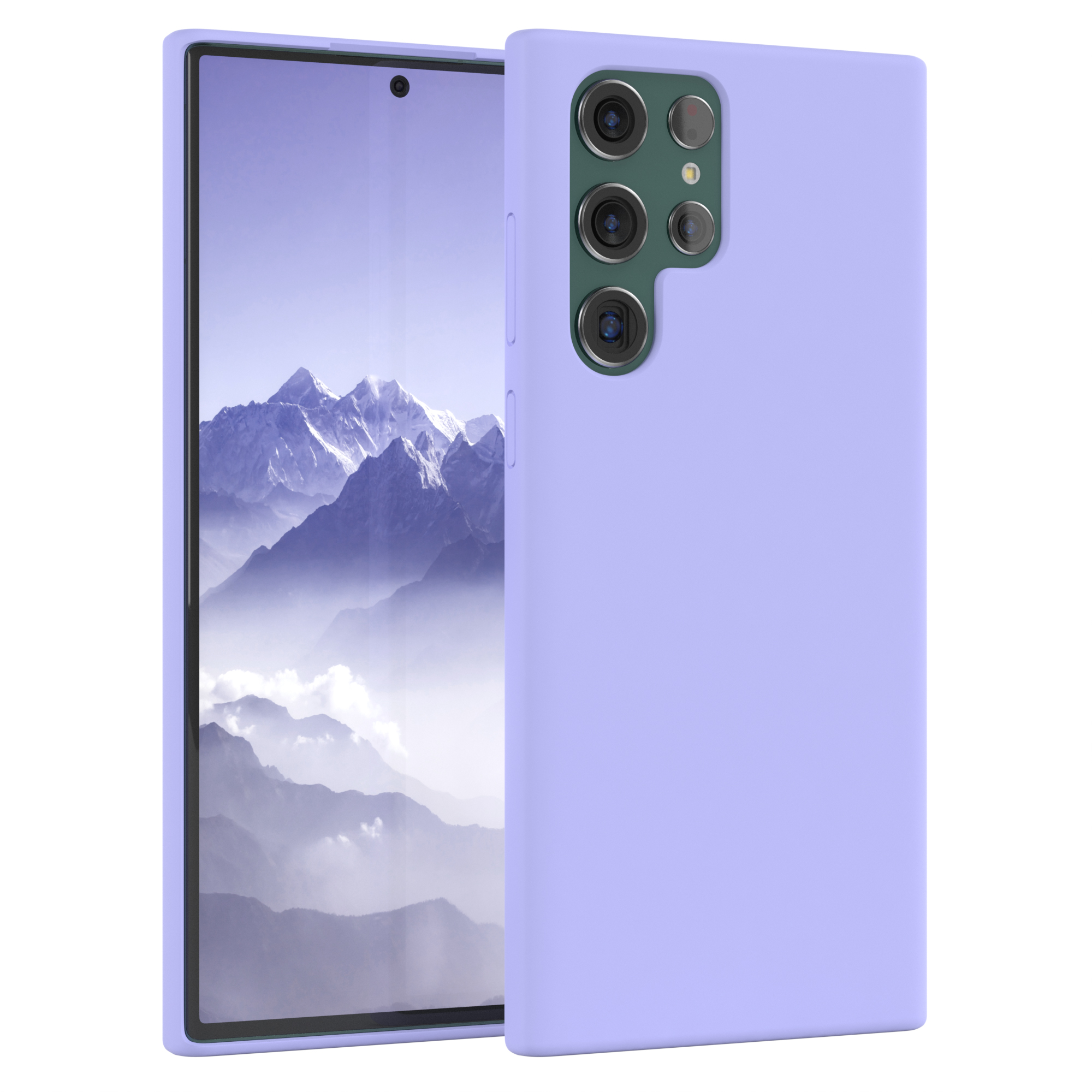 Eine lila Handyhülle mit lila Hintergrund, die ein Telefon hält.