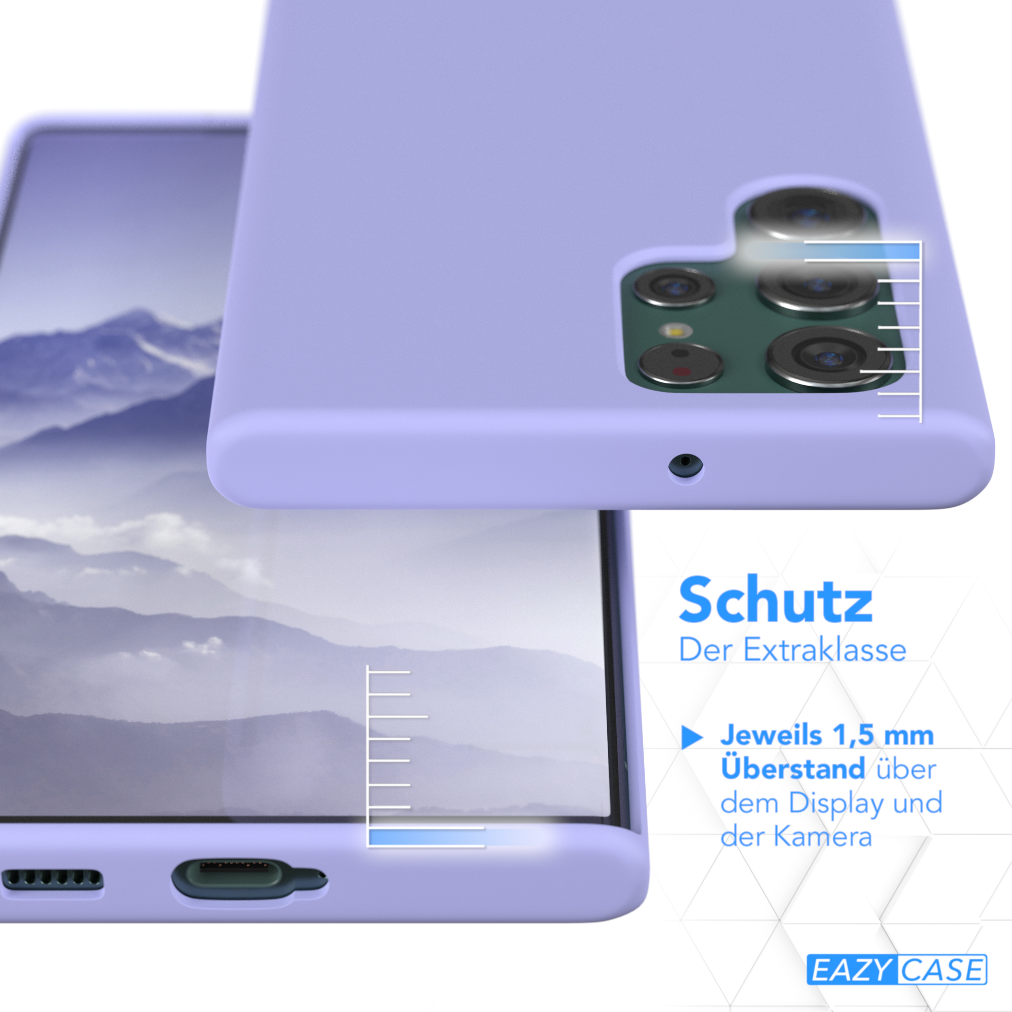 Lila Handyhülle über dem Telefon, zeigt Kamera- und Bildschirmschutz. Enthält grafischen Text.