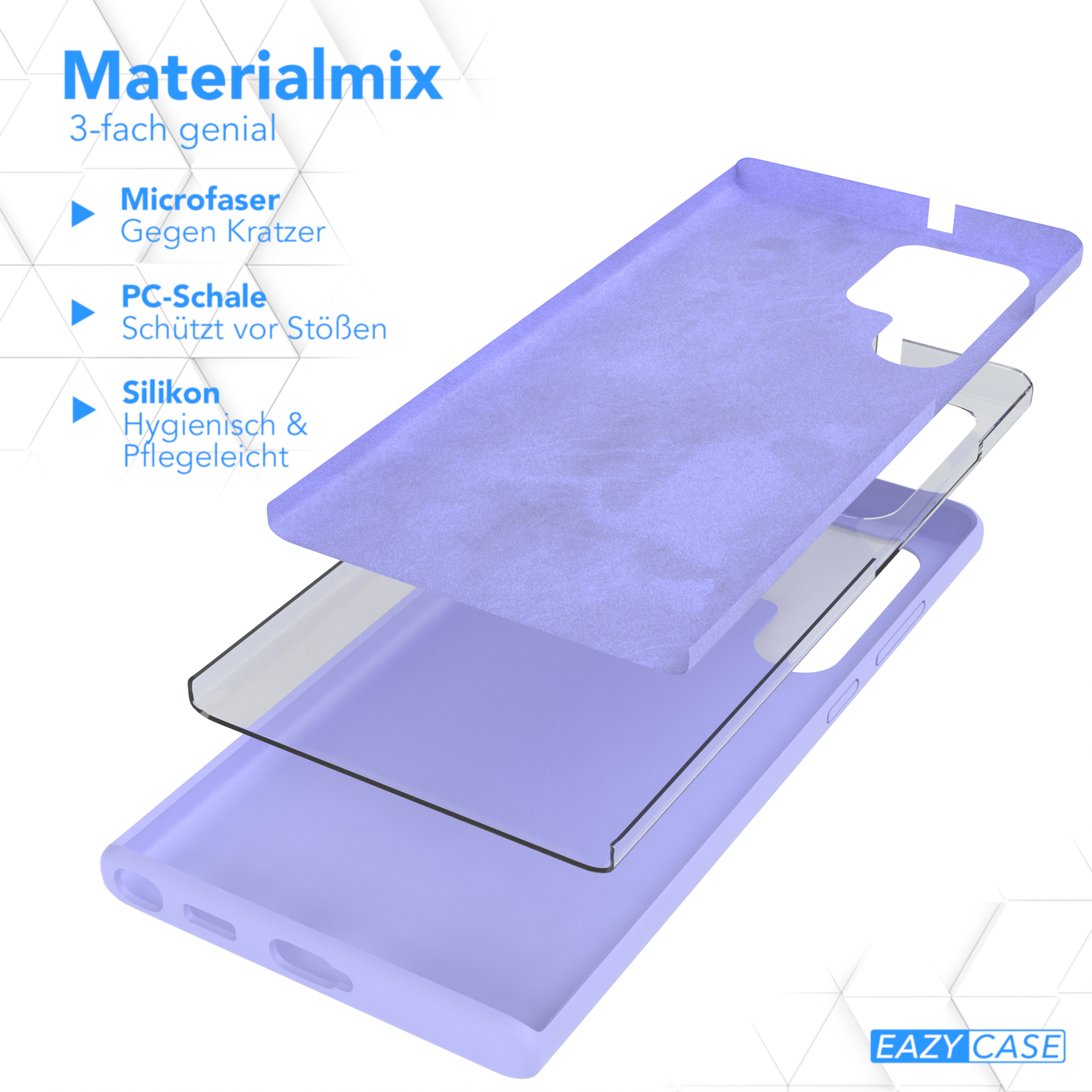 Handyhüllen-Schichten: Mikrofaser, PC-Schale und Silikon. Text: Materialmix (Materialmix).