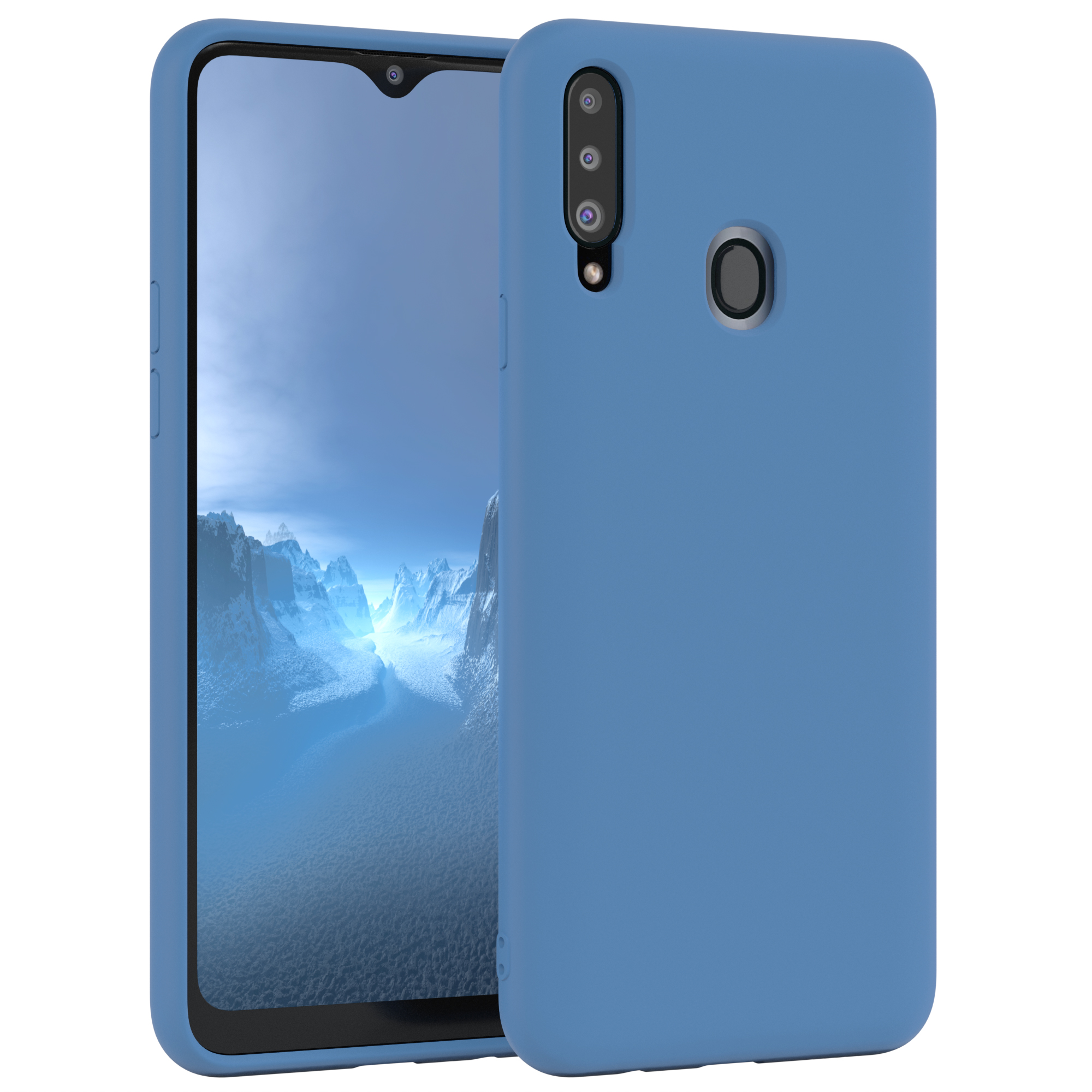 Blaue Handyhülle mit Telefon. Telefon zeigt farbenfrohes Hintergrundbild. Weißer Hintergrund.