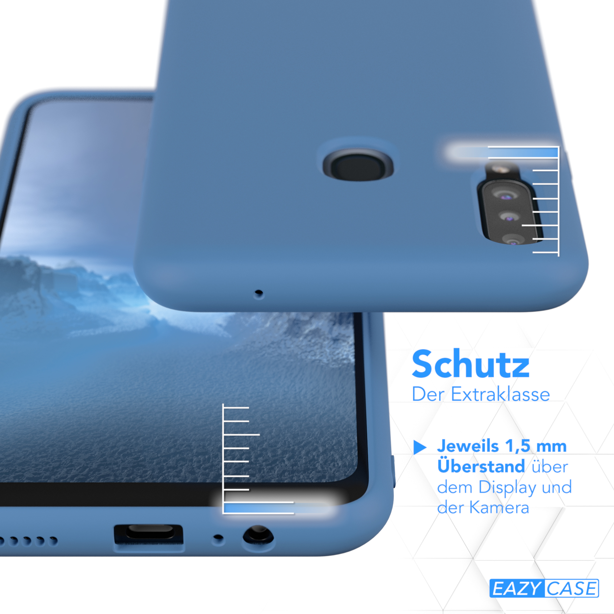 Blaue Handyhülle mit einem Telefon darin, neben einer anderen Handyhülle. Text erklärt den zusätzlichen Schutz.