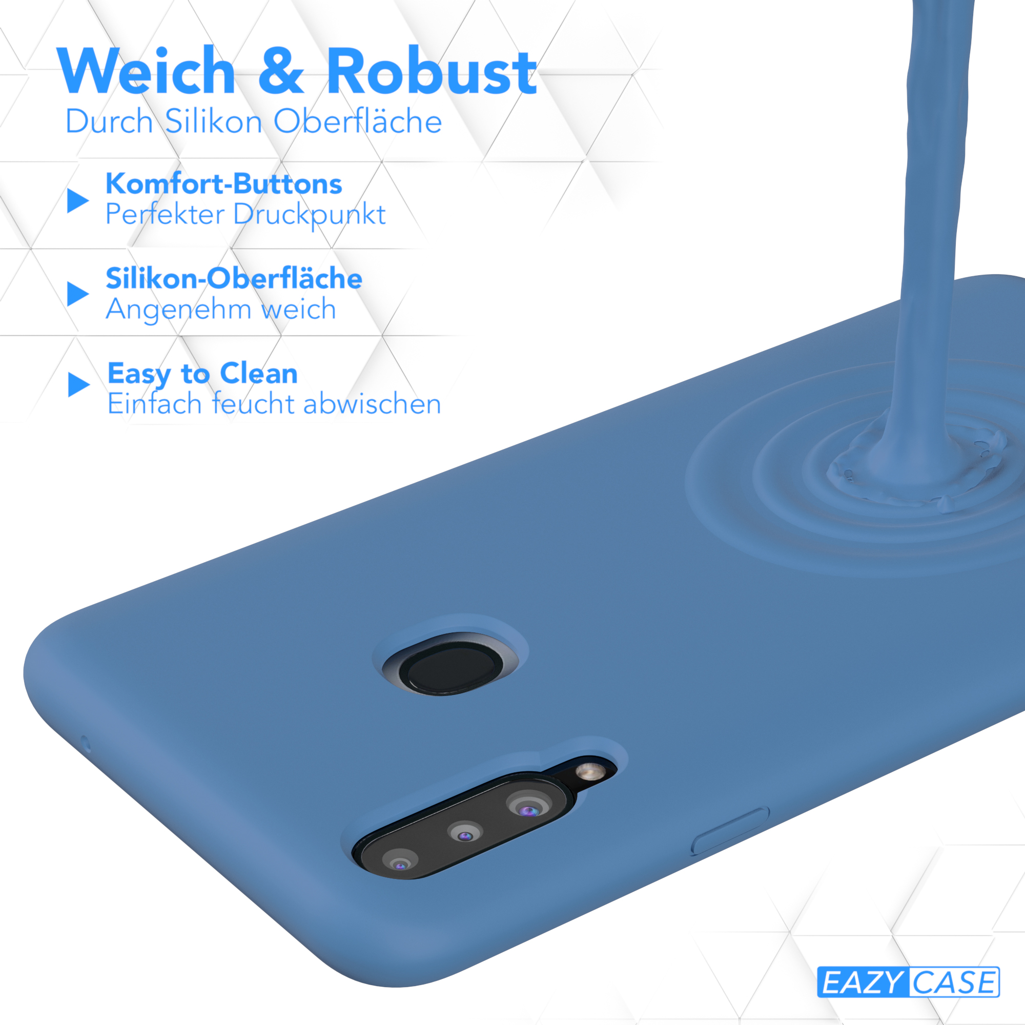 Blaue Handyhülle mit wasserähnlicher Textur, Silikonmaterial, Eazy Case Logo.