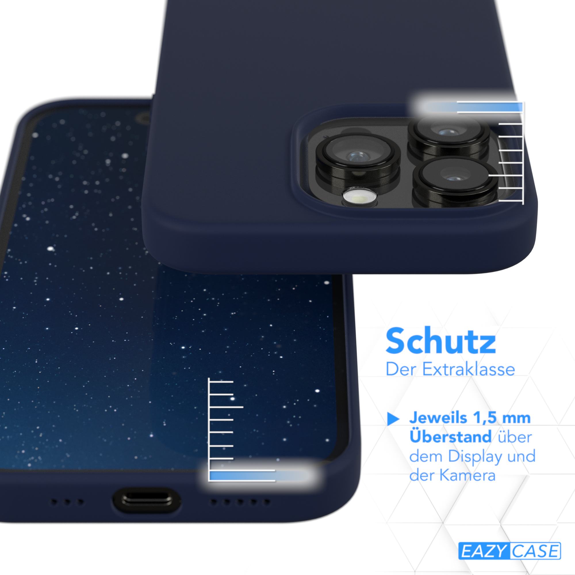Nahaufnahme einer Handyhülle, marineblau, mit Text und Lineal.
