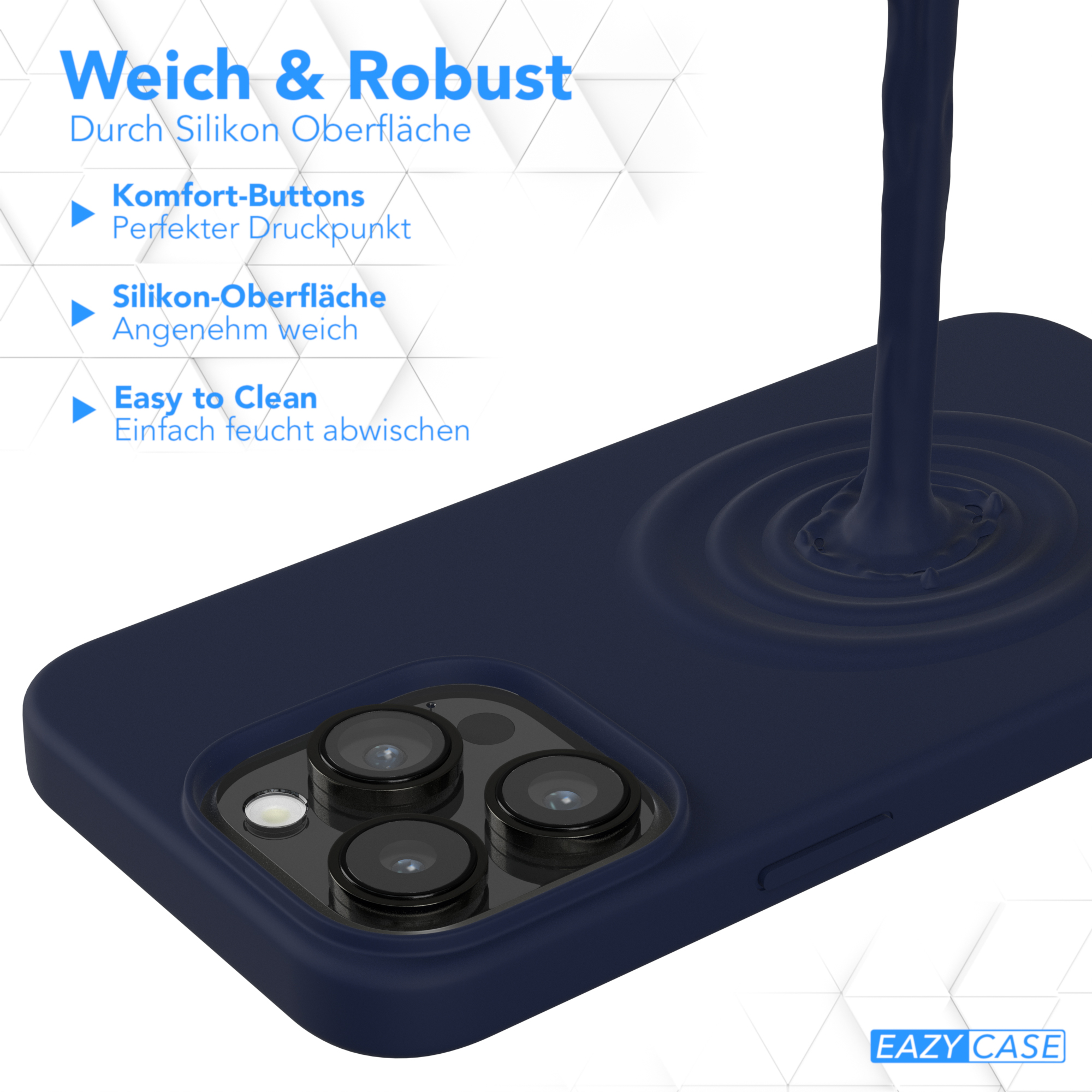 Eine blaue Handyhülle mit einem Telefon darin. Blaue Flüssigkeit wird gegossen, die Oberfläche zeigend.
