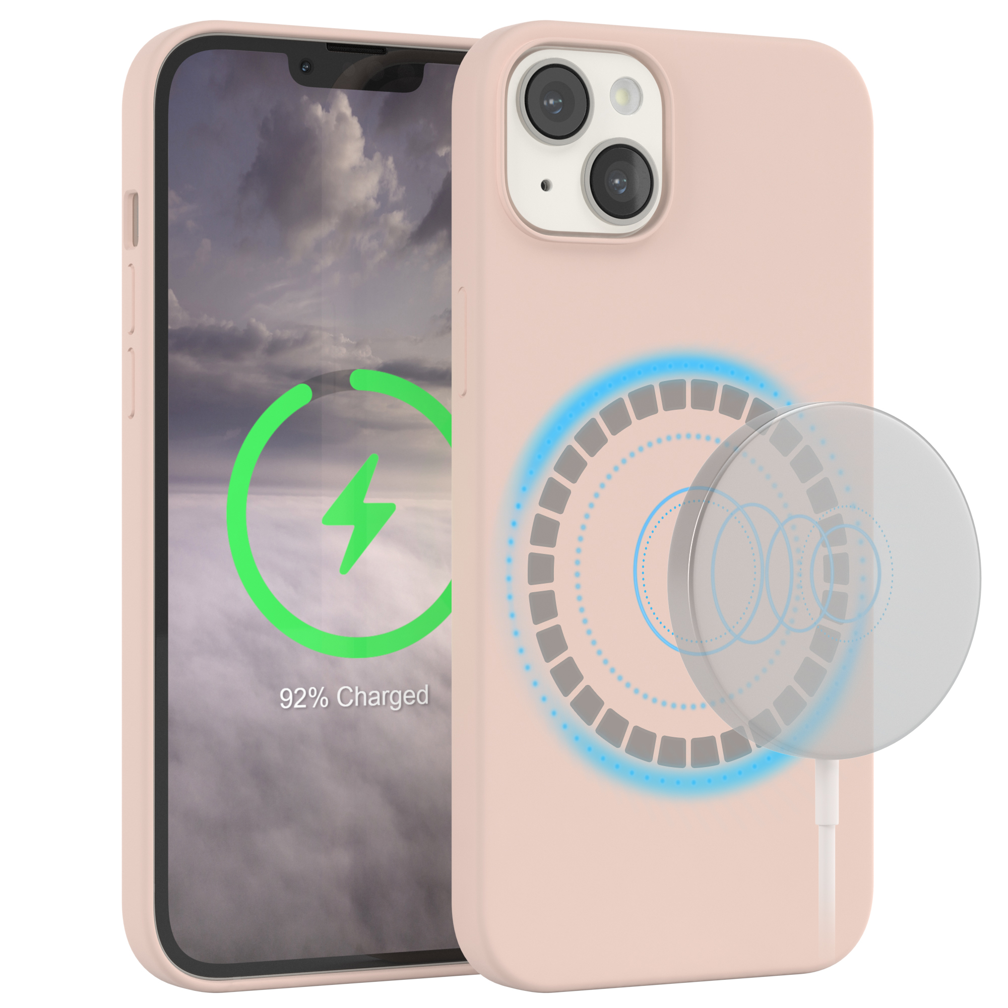 Rosa Handyhülle. Ein Telefon wird kabellos aufgeladen.