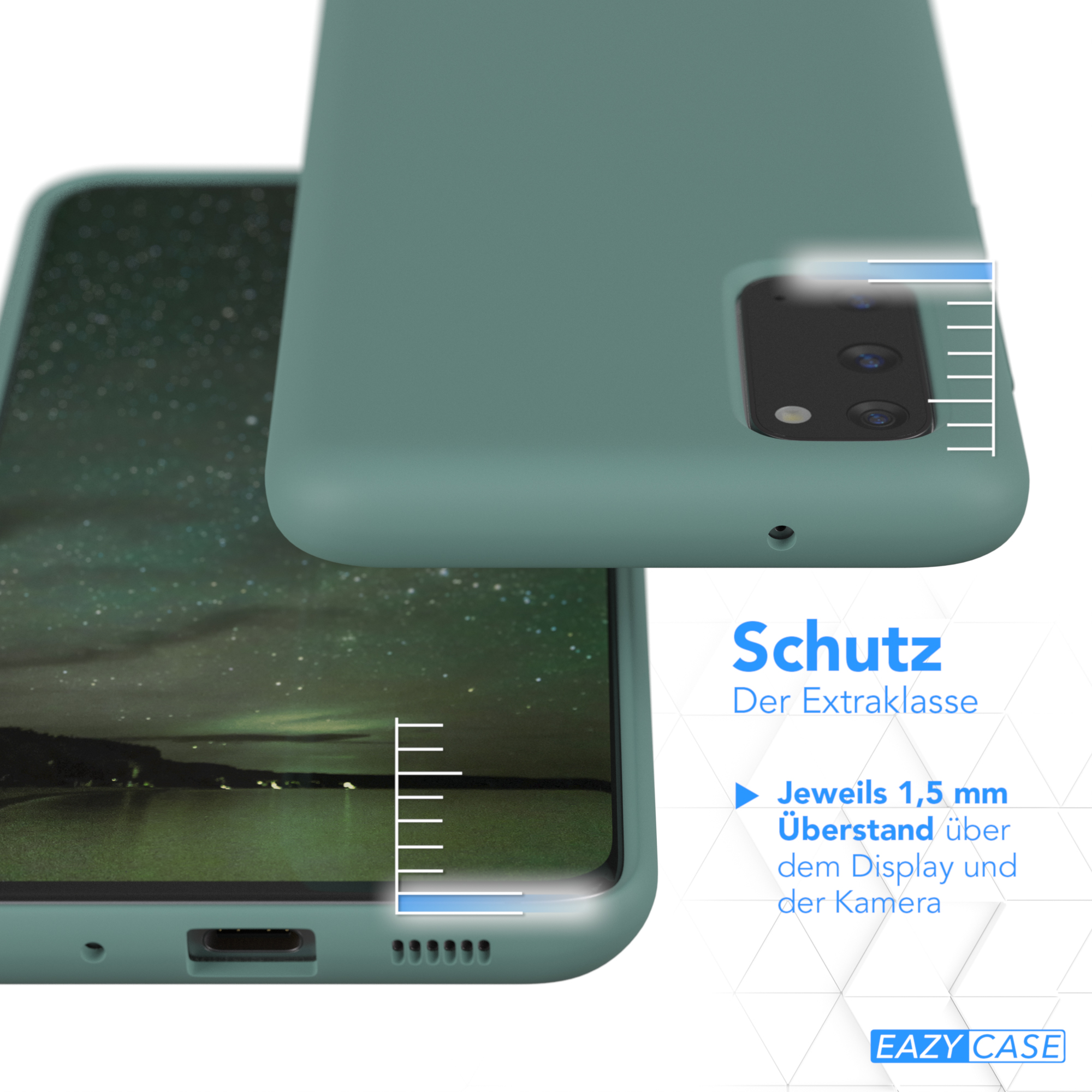 Nahaufnahme einer Handyhülle auf einem Telefon, mit Lineal, das 1,5 mm Abstand anzeigt.