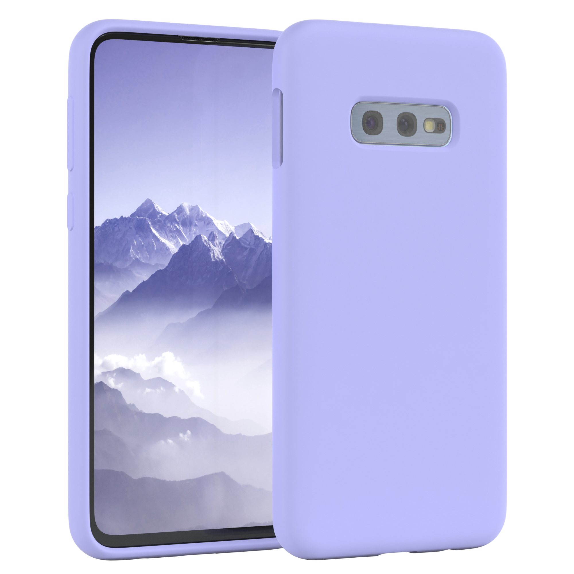 Lila Handyhülle neben Handybildschirm mit Bergen.