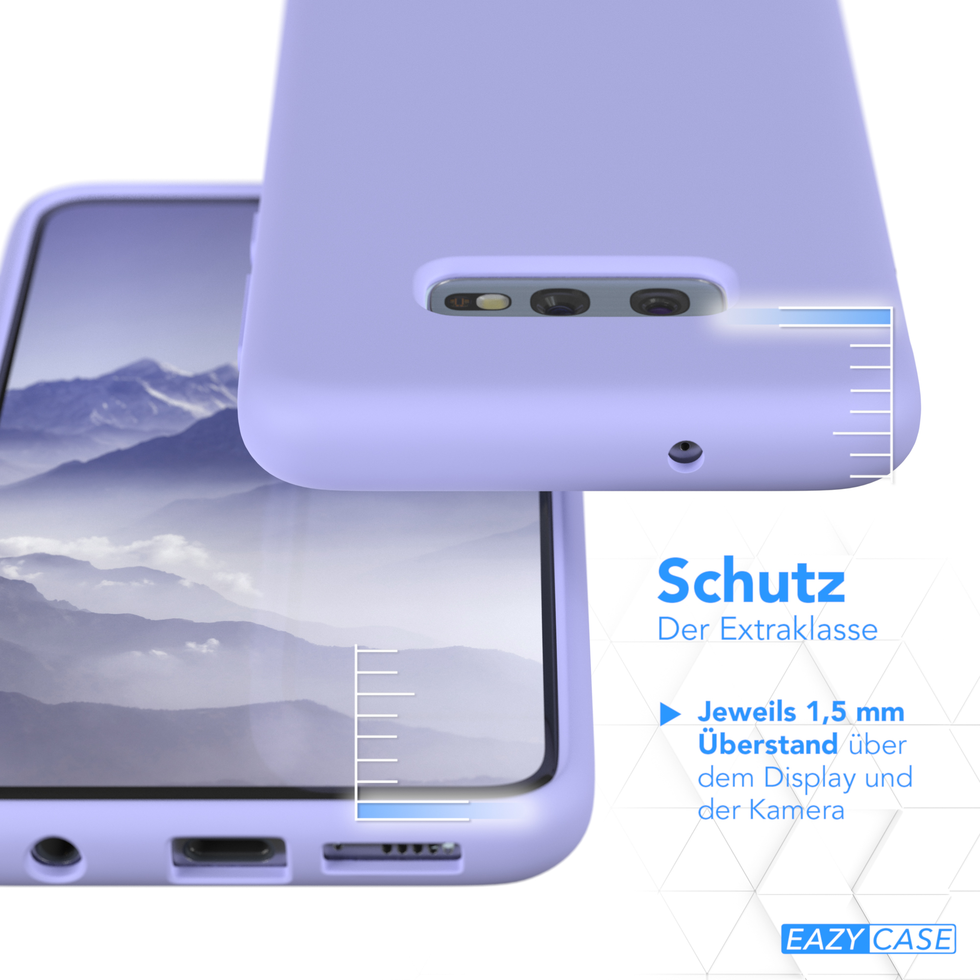 Eine lilafarbene Handyhülle schützt ein Telefon. Das Telefon zeigt eine Landschaft.