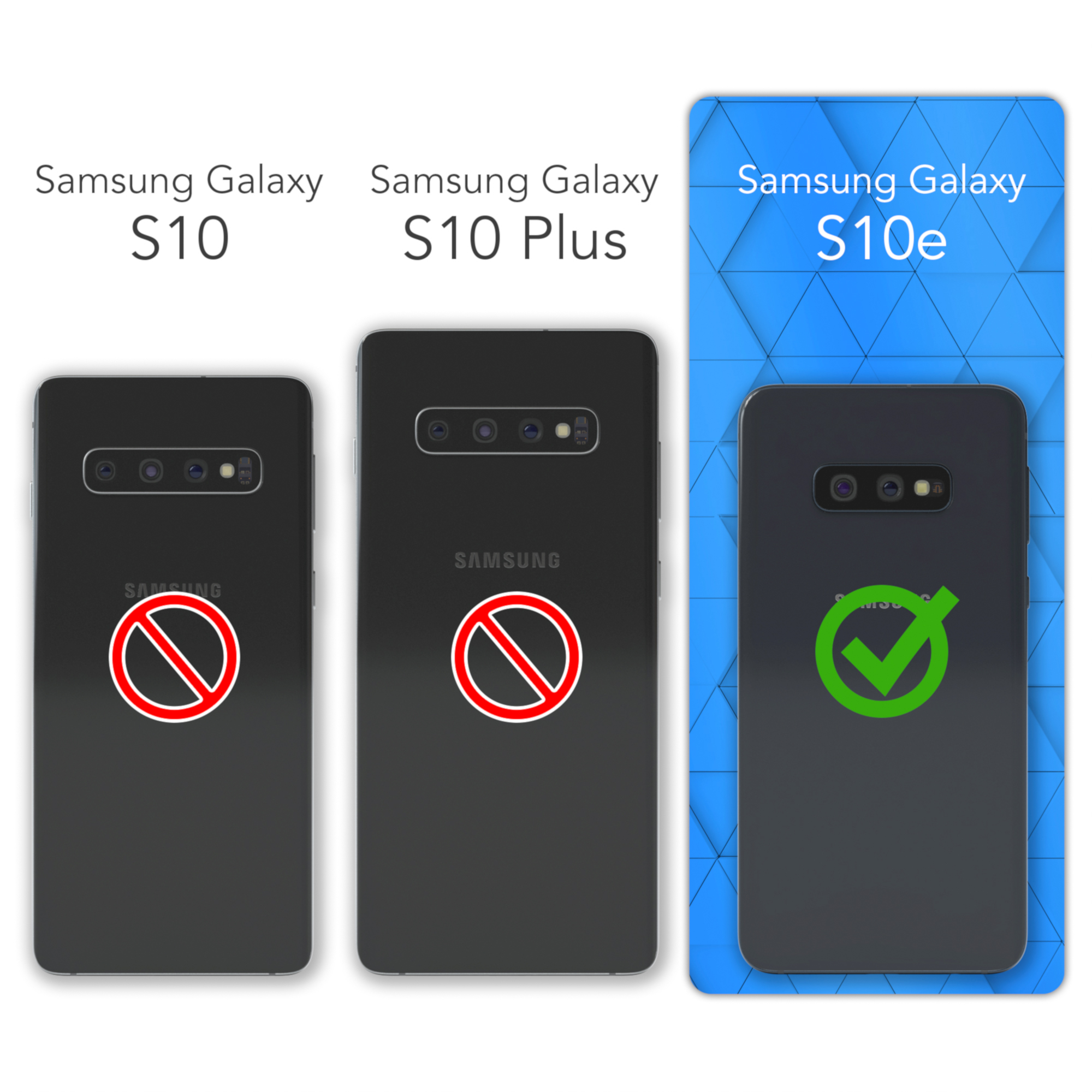Drei Telefone, Samsung Galaxy S10, S10 Plus und S10e. S10e ist genehmigt. S10 und S10 Plus sind nicht genehmigt.