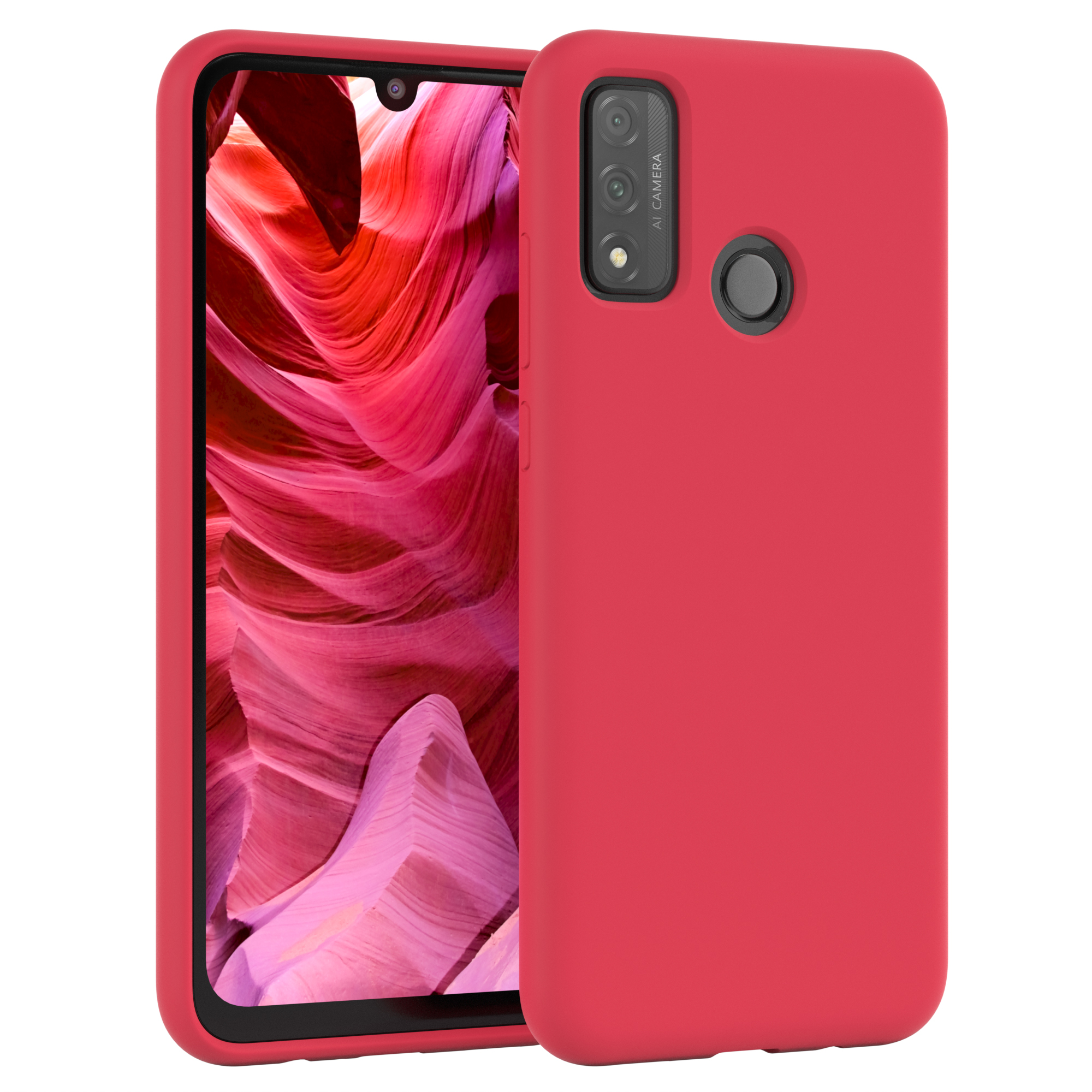 Rote Handyhülle mit Telefon. Hintergrund roter Felsformationen.