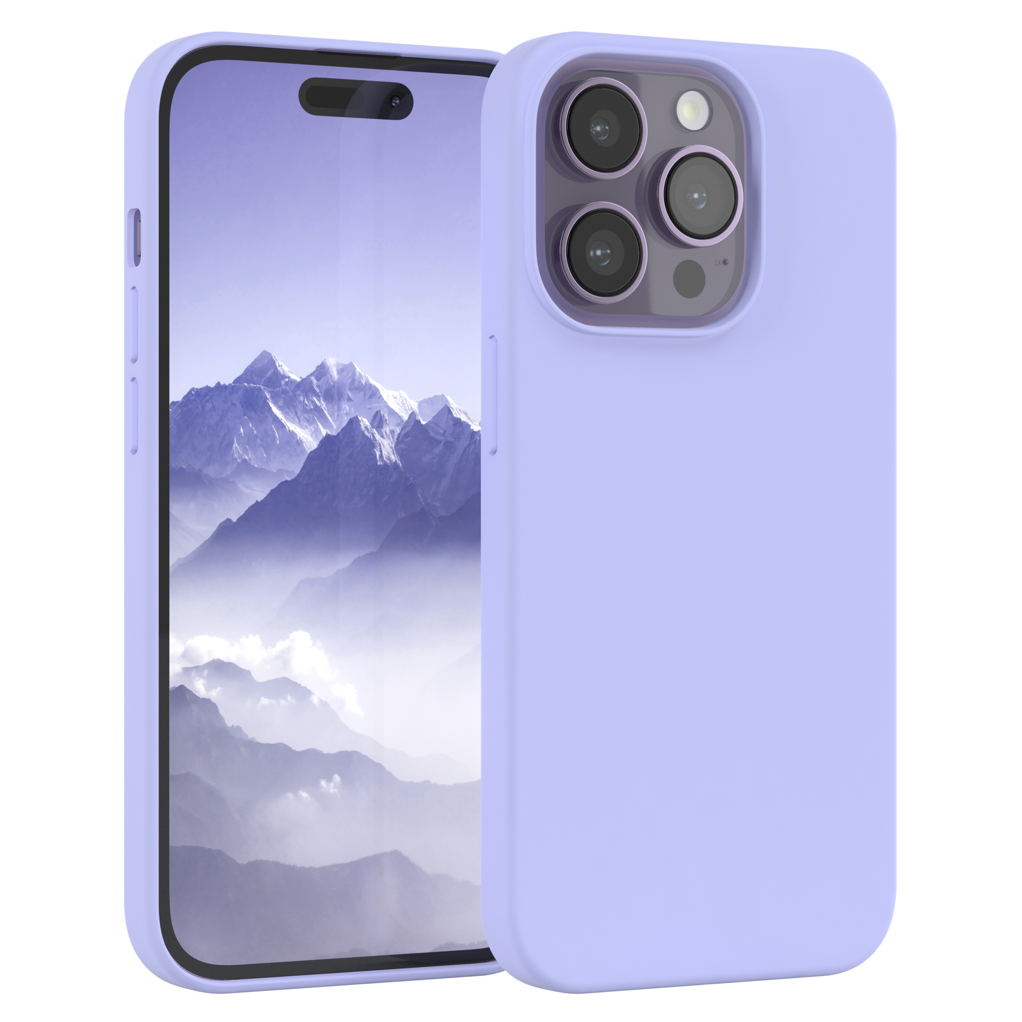 Ein Telefon mit einer lila Hülle und einem Berglandschafts-Hintergrundbild.