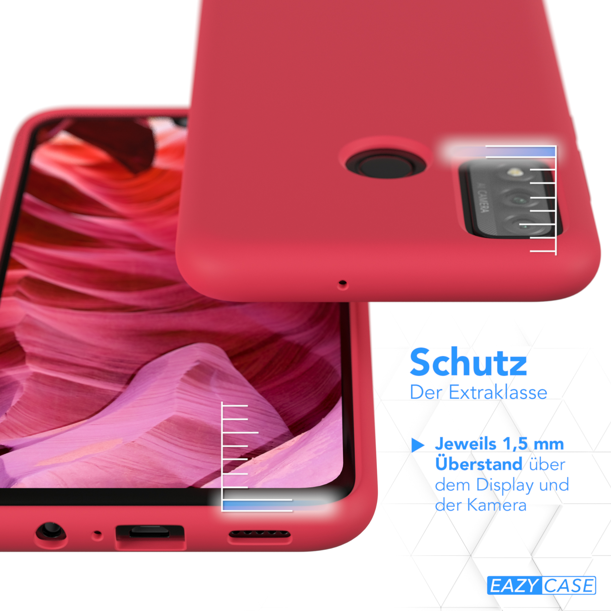 Rote Handyhülle über einem Landschaftsbild. Schutzdetails mit blauen Markierungen angezeigt.