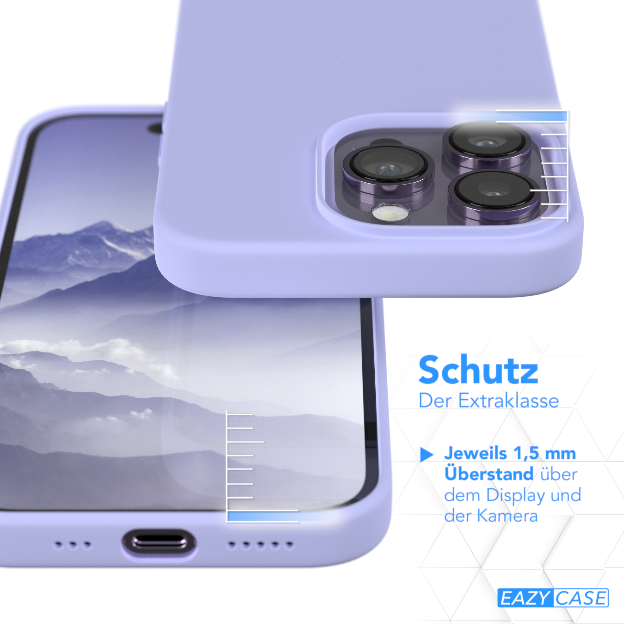 Ein Telefon in einer lila Hülle mit Kameraschutz, der den Bildschirm hervorhebt, mit Messanzeigen.