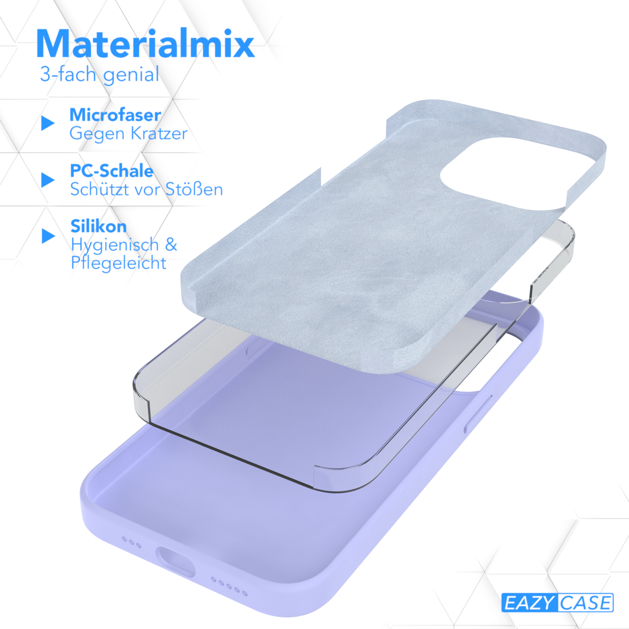 Handyhüllen-Schichten: Mikrofaser, PC-Schale und Silikon. Materialmix-Text mit blauen Markierungen sichtbar.