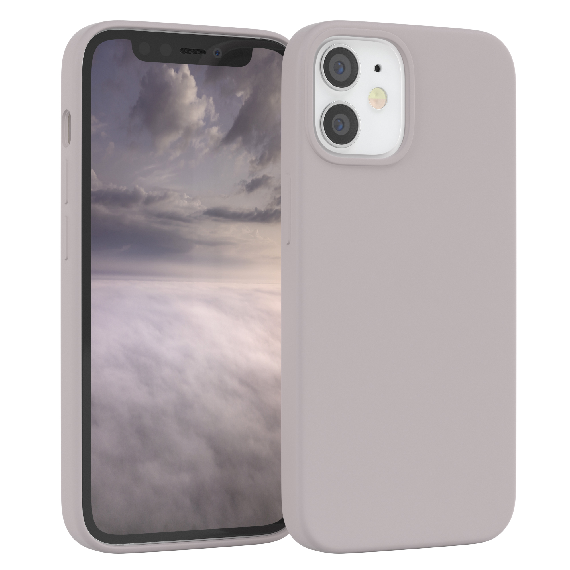 Malvenfarbene Handyhülle auf dem Telefon. Hintergrund zeigt einen bewölkten Himmel über Wasser.