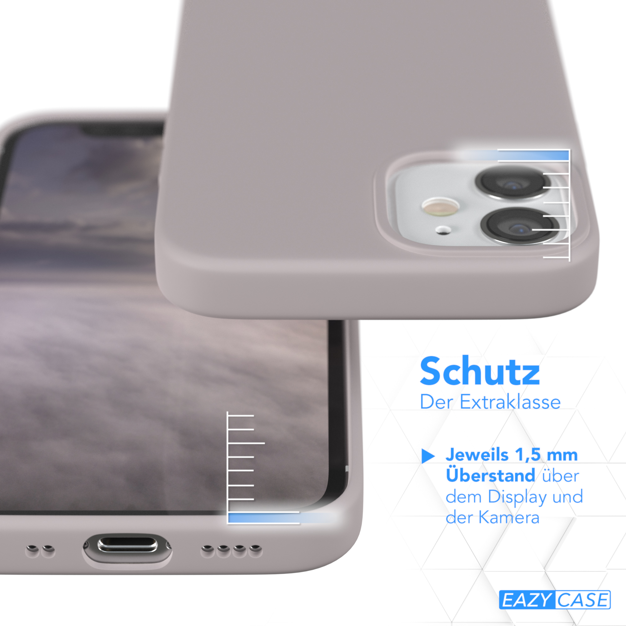 Hellgraue Handyhülle neben einem Telefon. Nahaufnahme der Telefonkamera und des Bildschirms.