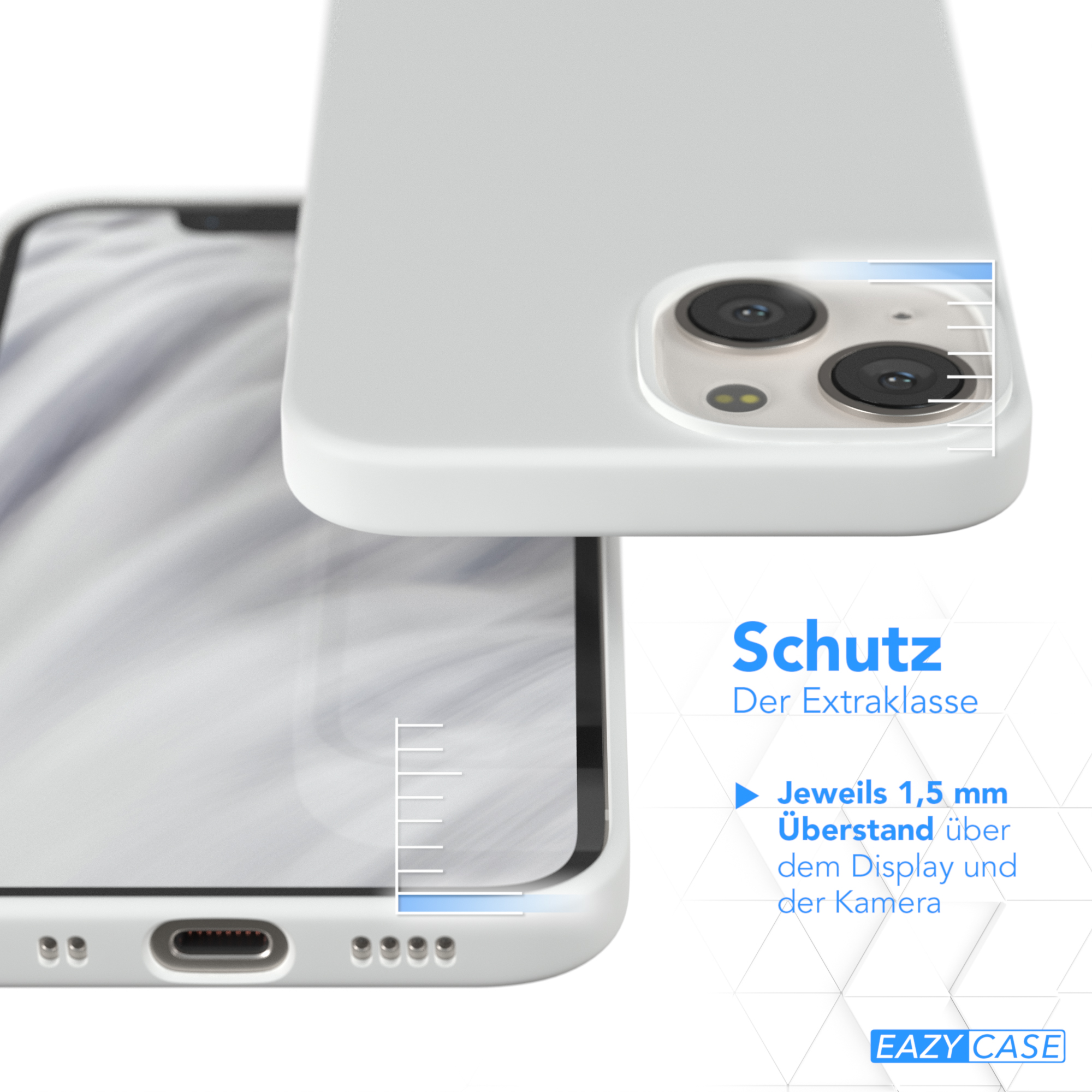 Weiße Handyhülle. Telefonbildschirm sichtbar. Text mit Schutzeigenschaften.