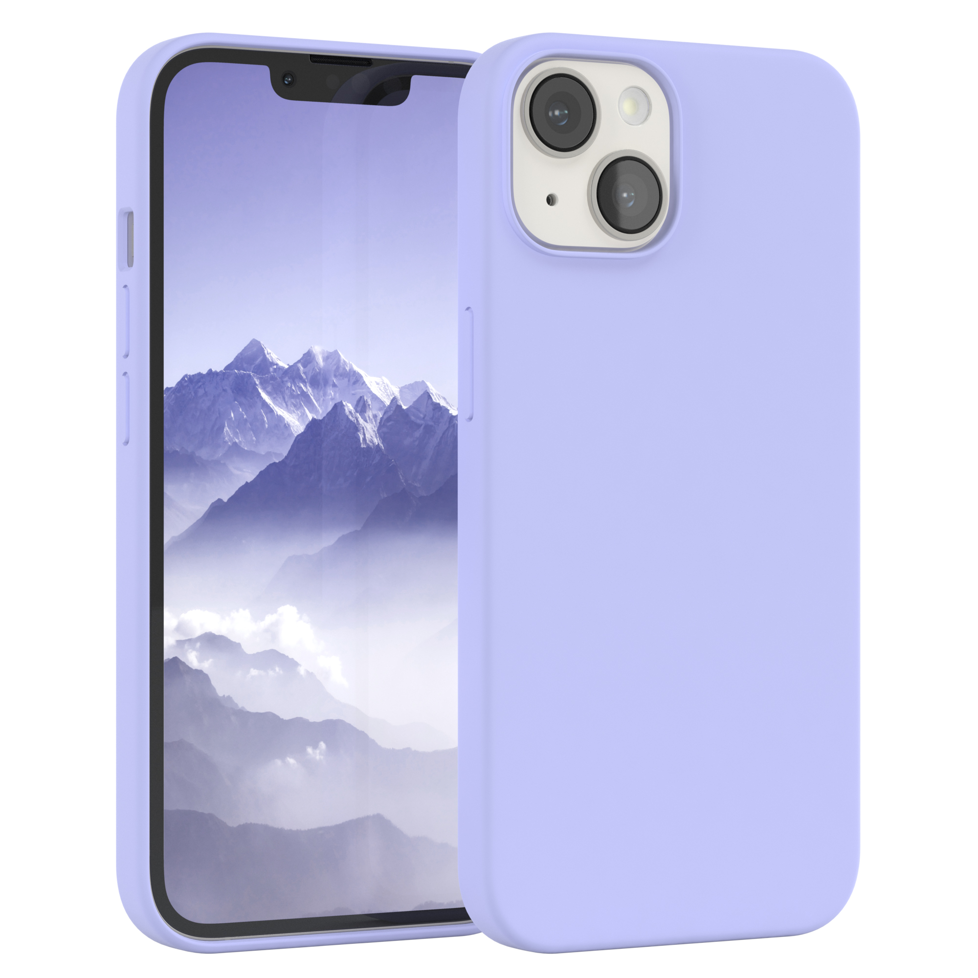 Lila Telefon mit Hülle, Berge im Hintergrund.