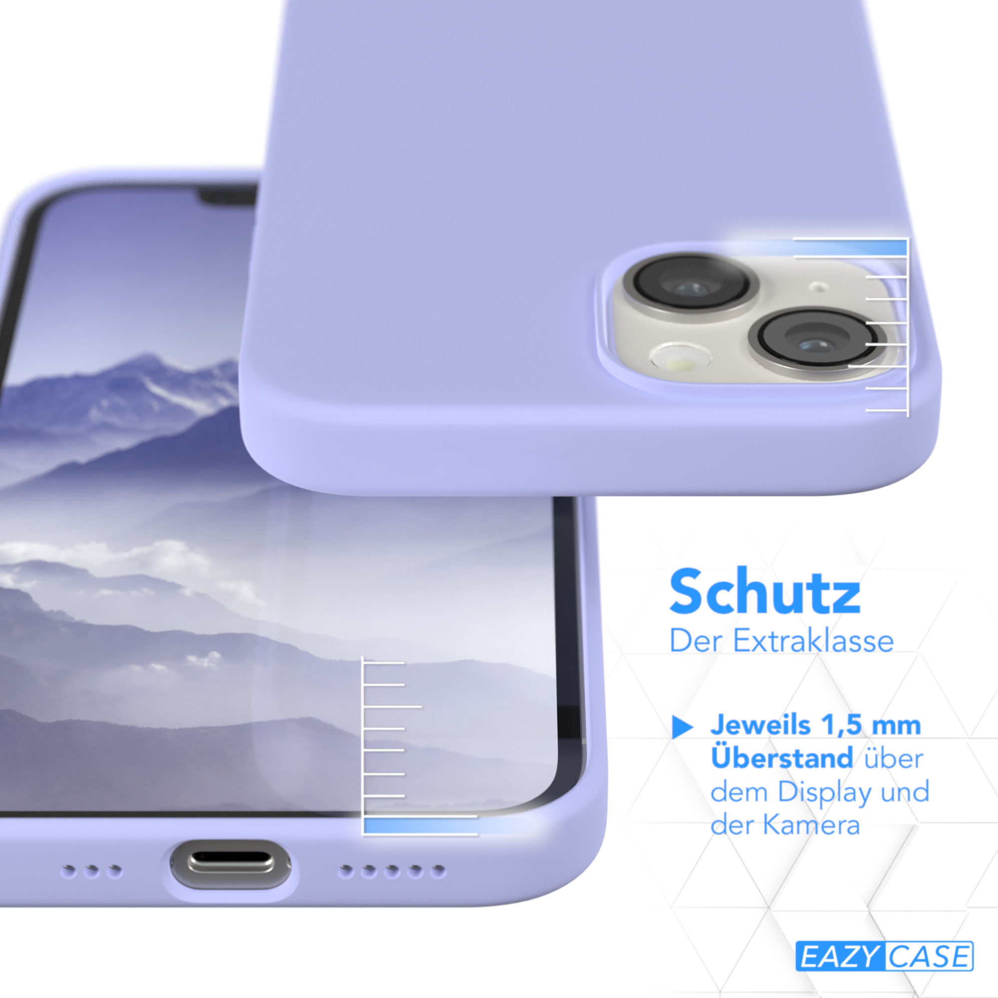 Lila Handyhülle auf Telefon. Schützt Bildschirm und Kamera.