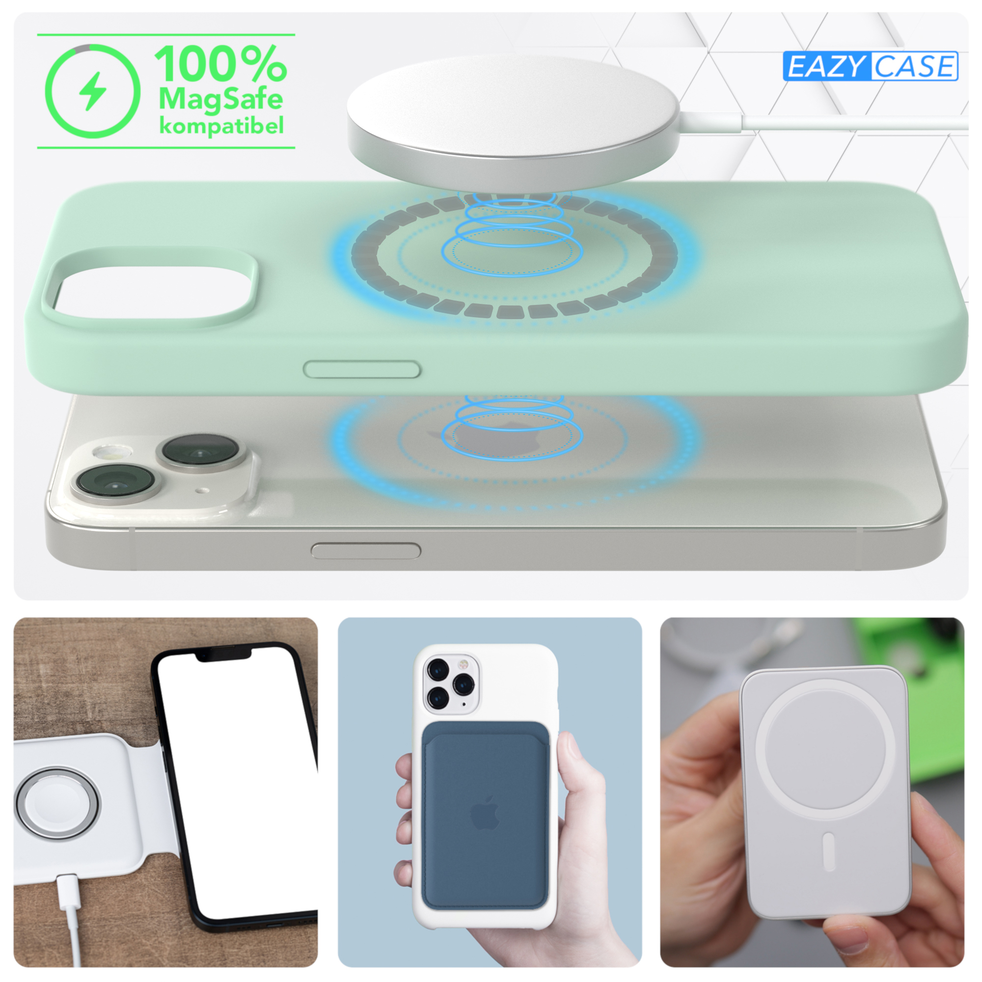 MagSafe-kompatible Handyhülle mit Ladegerät und Zubehör. Das Telefon befindet sich in einer Hülle.