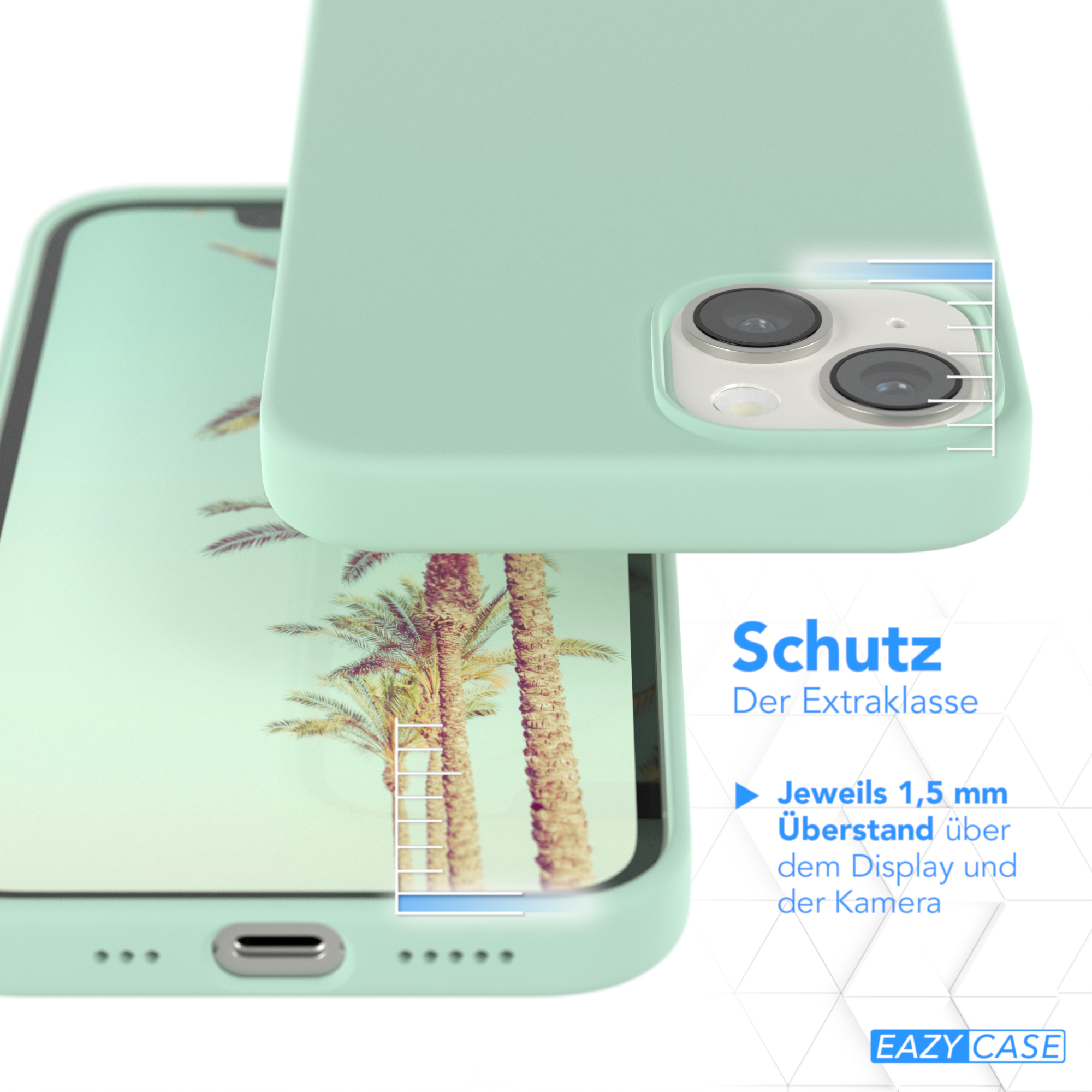 Minzgrüne Handyhülle mit Strandmotiv auf dem Telefon. Text: Schutz der Extraklasse.