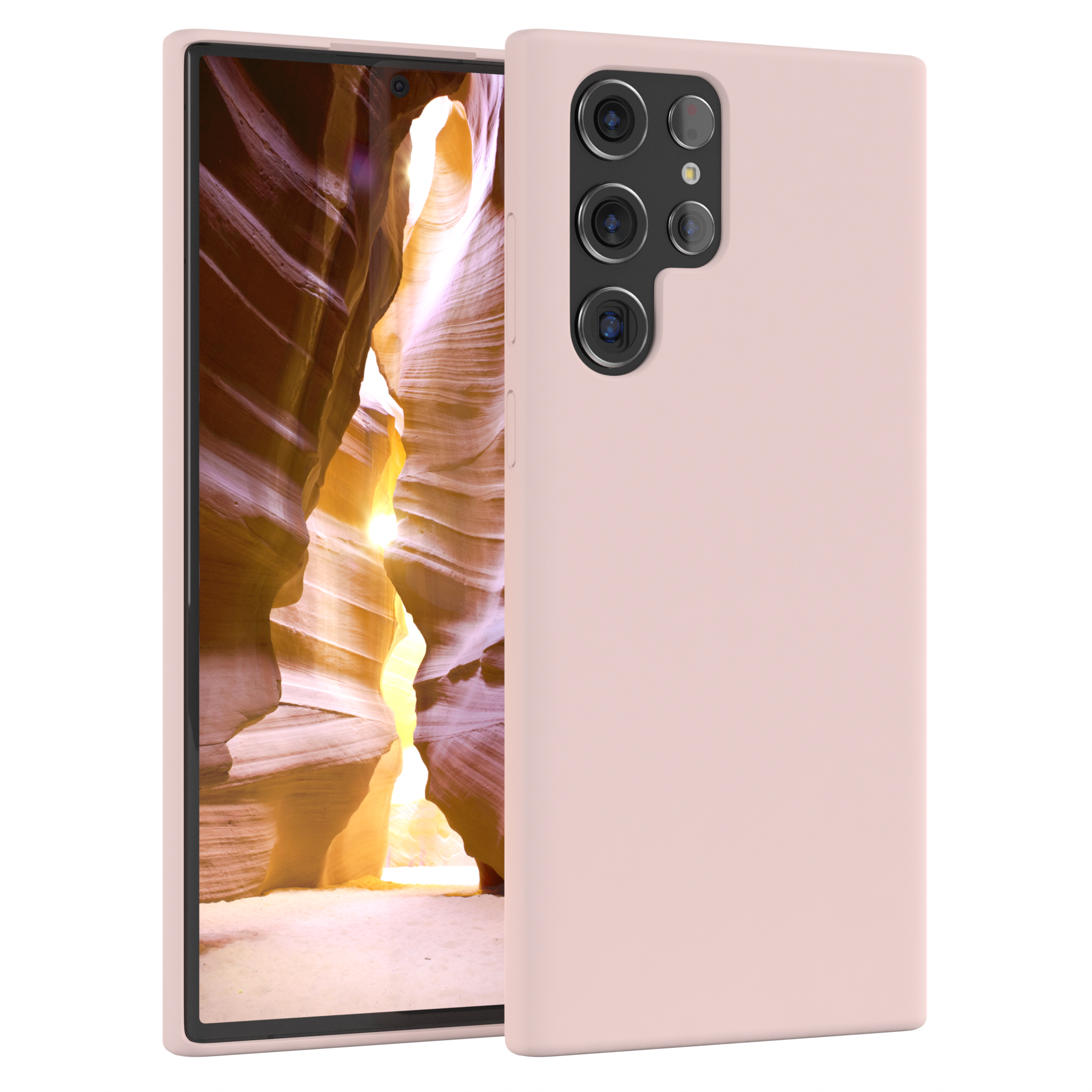 Rosa Handyhülle, offen, zeigt ein Telefon mit Canyon-Bild auf dem Bildschirm.