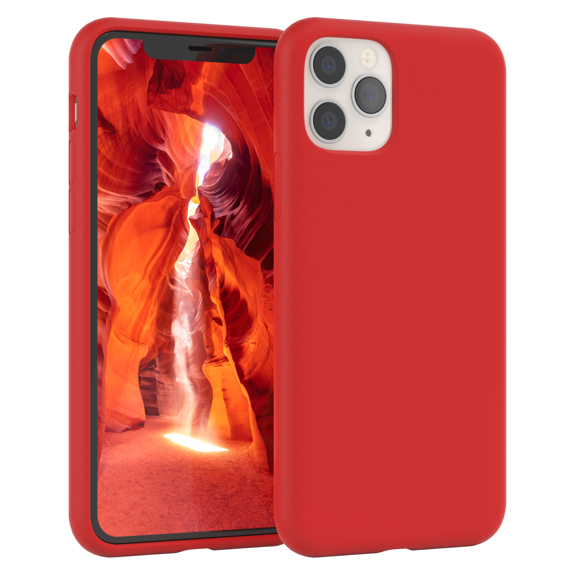 Rote Handyhülle mit einem Telefon, das eine Landschaft eines orangefarbenen Canyons zeigt.