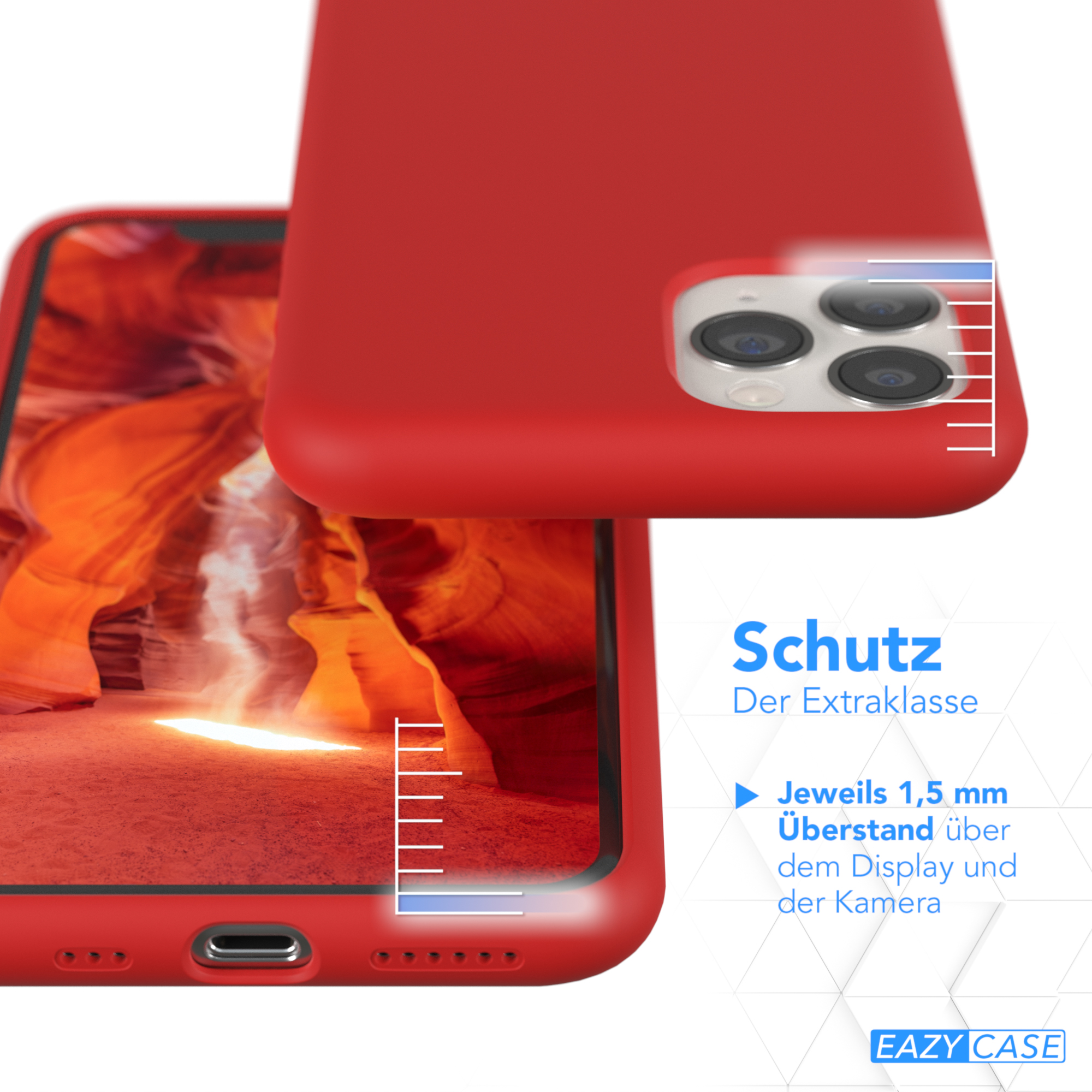Eine rote Handyhülle mit einem Telefon darin. Das Telefon zeigt eine Schluchtszene. Der Text lautet 'Der Extraklasse'.
