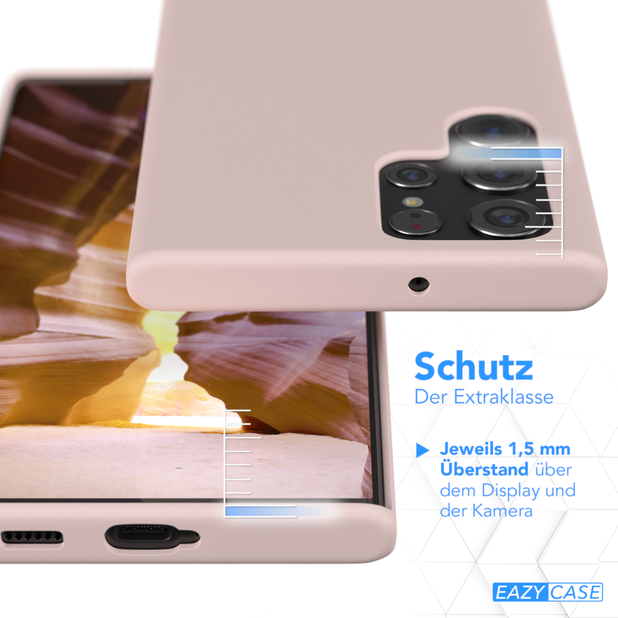 Nahaufnahme von Telefon und Hülle. Das Telefon befindet sich in einer rosa Hülle. Weißer Hintergrund.