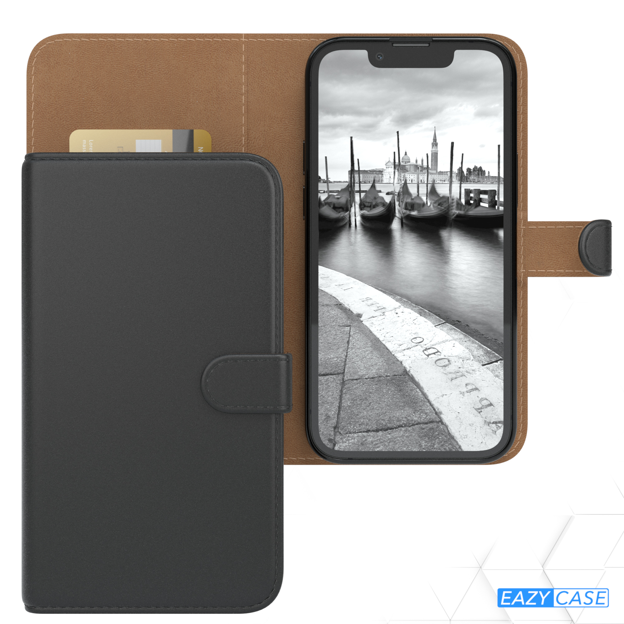 Schwarze Handyhülle mit schwarzem Telefon und lederartiger brauner Abdeckung.