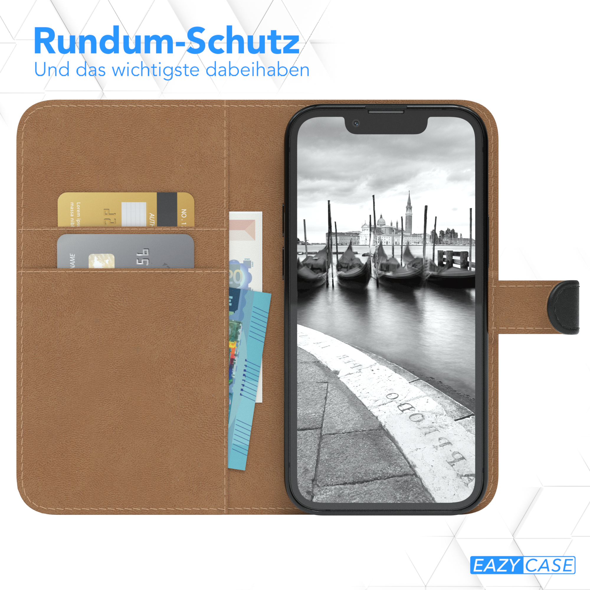 Handyhülle mit Telefon im Inneren. Das Telefon zeigt Venedig. Text: Rundum-Schutz und Kartenfächer.