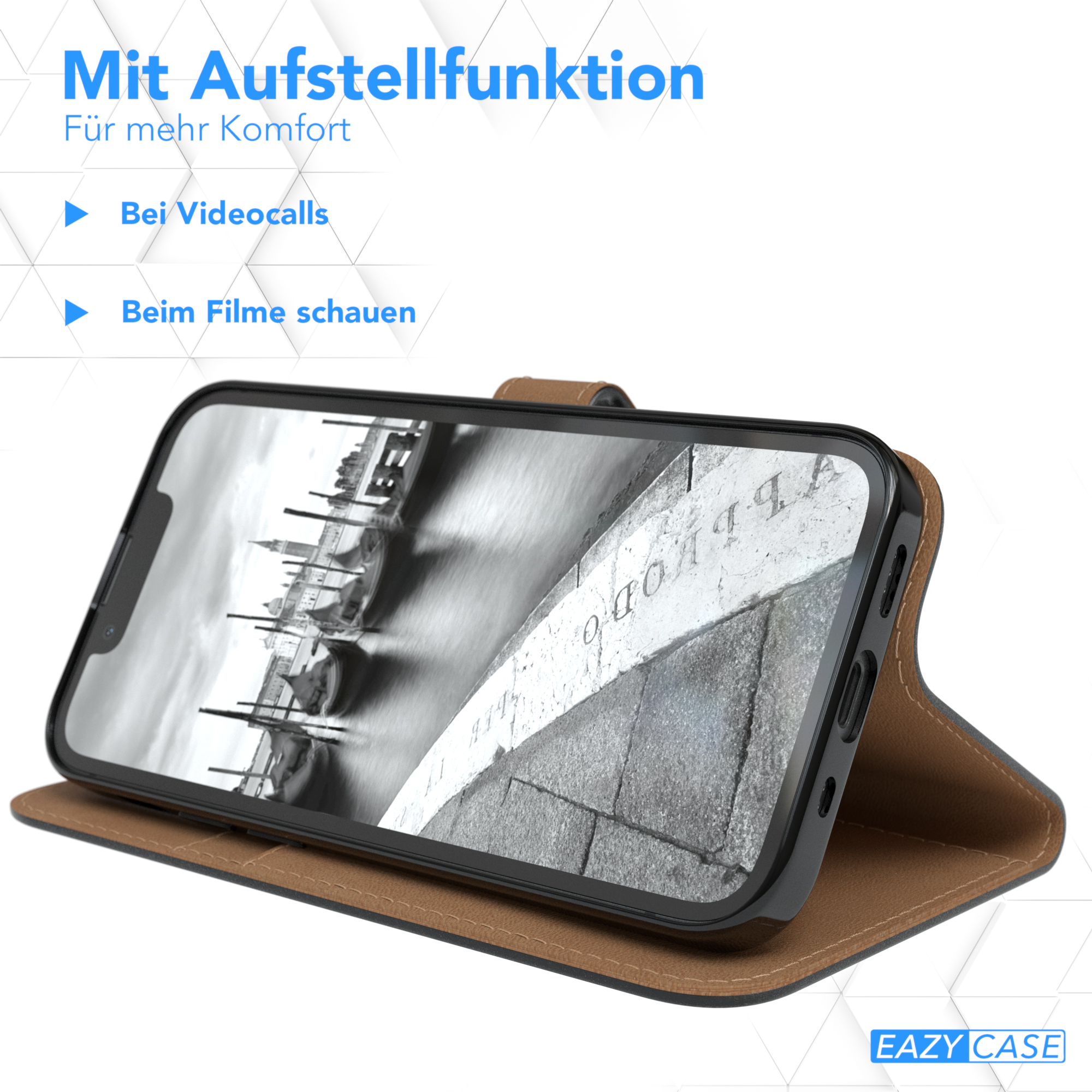 Telefon in Hülle, geöffnet, zeigt Straßenansicht. Die Hülle kann aufgestellt werden.