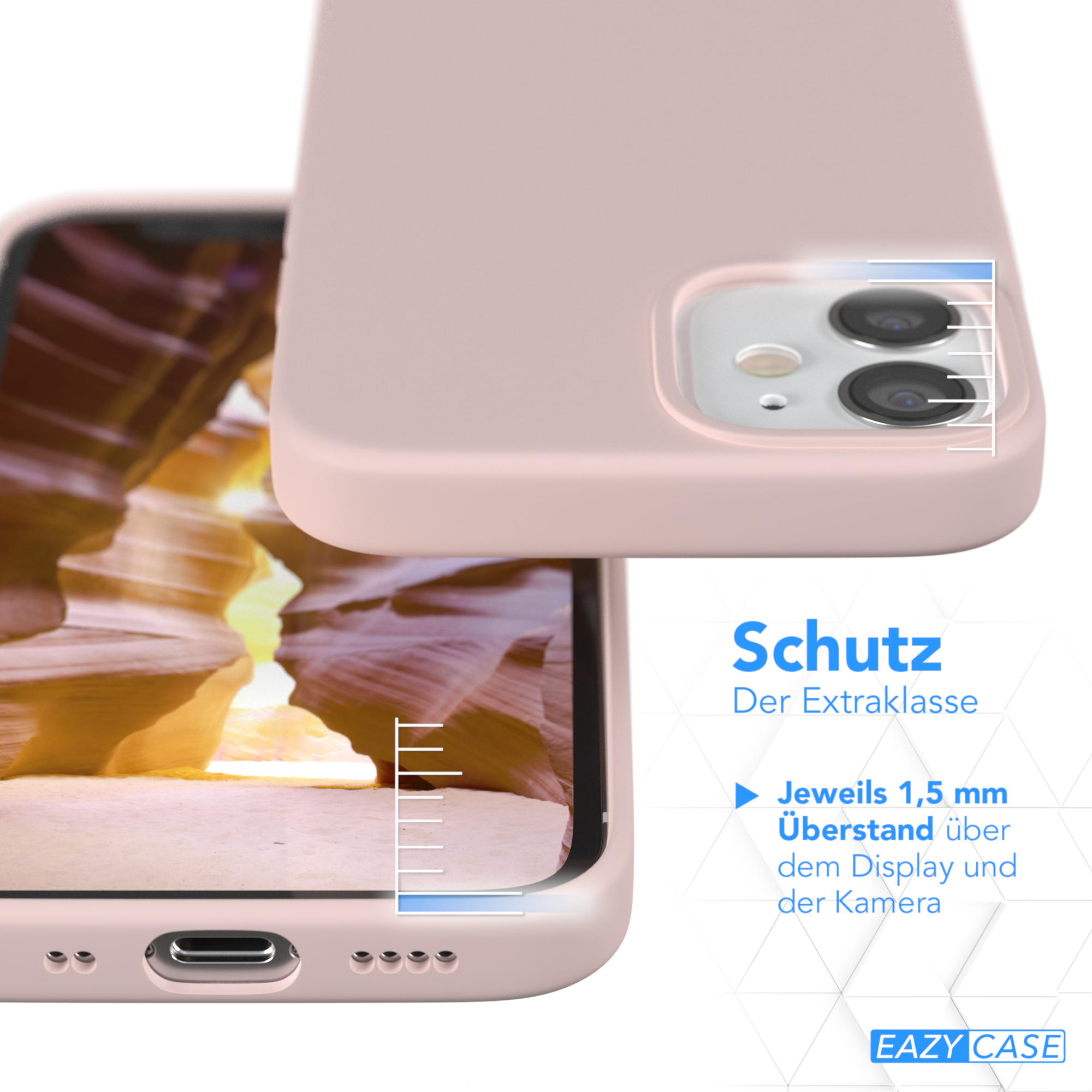 Eine rosa Handyhülle. Text hebt zusätzliche Schutzfunktionen mit Messungen hervor.