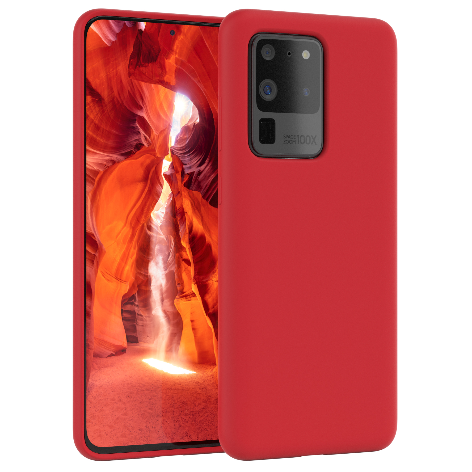 Rotes Telefon in roter Hülle. Telefon zeigt Canyon-Landschaft.
