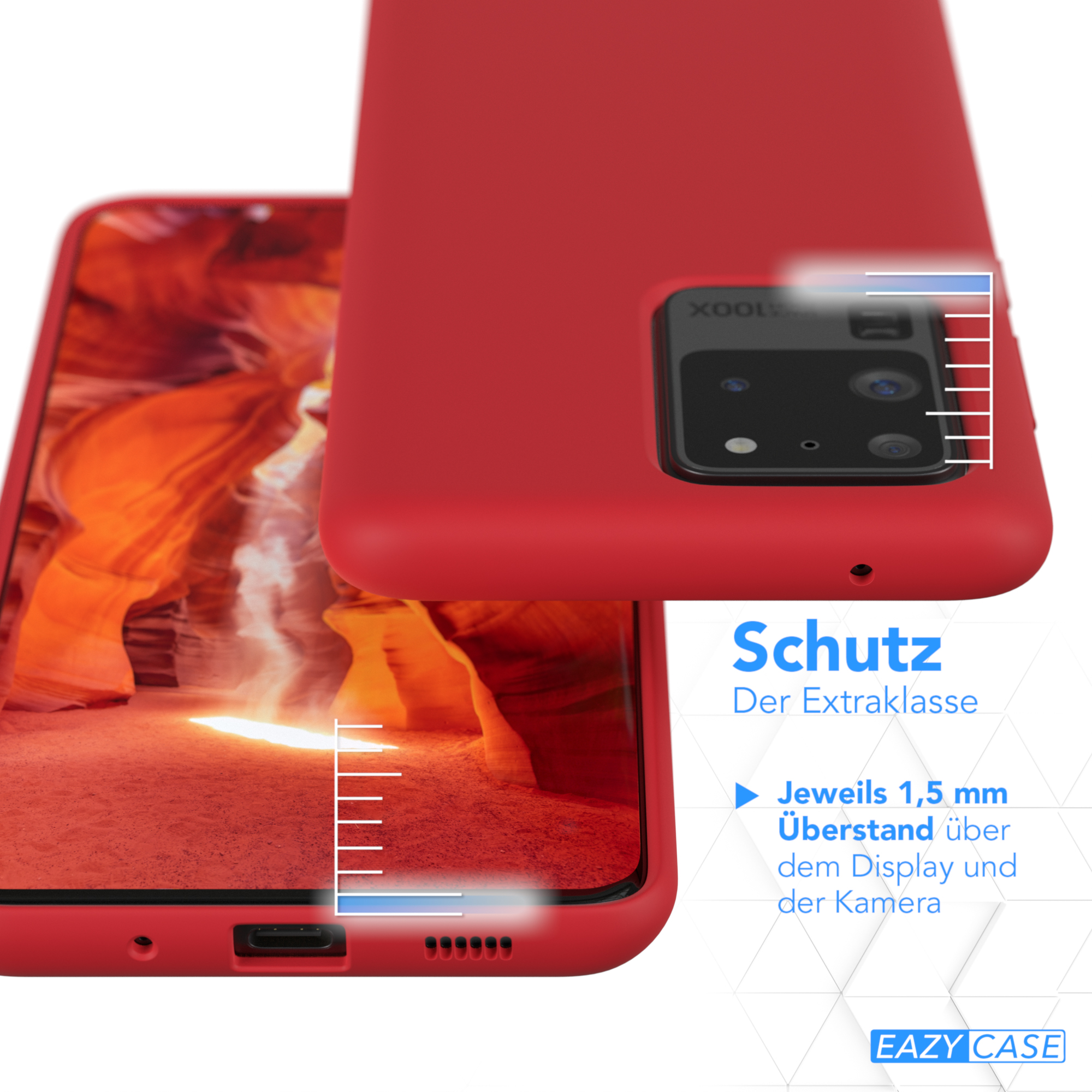 Nahaufnahme einer roten Handyhülle mit Details zum Display- und Kameraschutz.