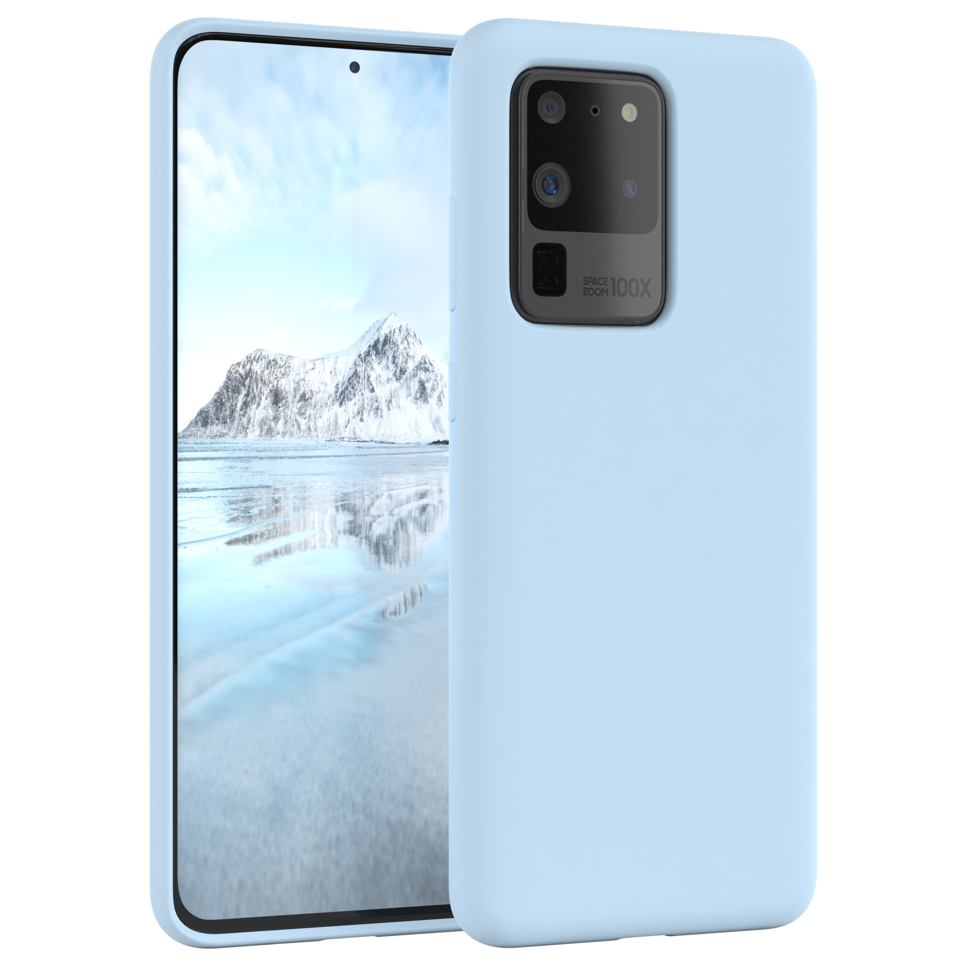 Hellblaue Handyhülle mit Telefon. Auf dem Bildschirm des Telefons ist ein schneebedeckter Berg zu sehen.