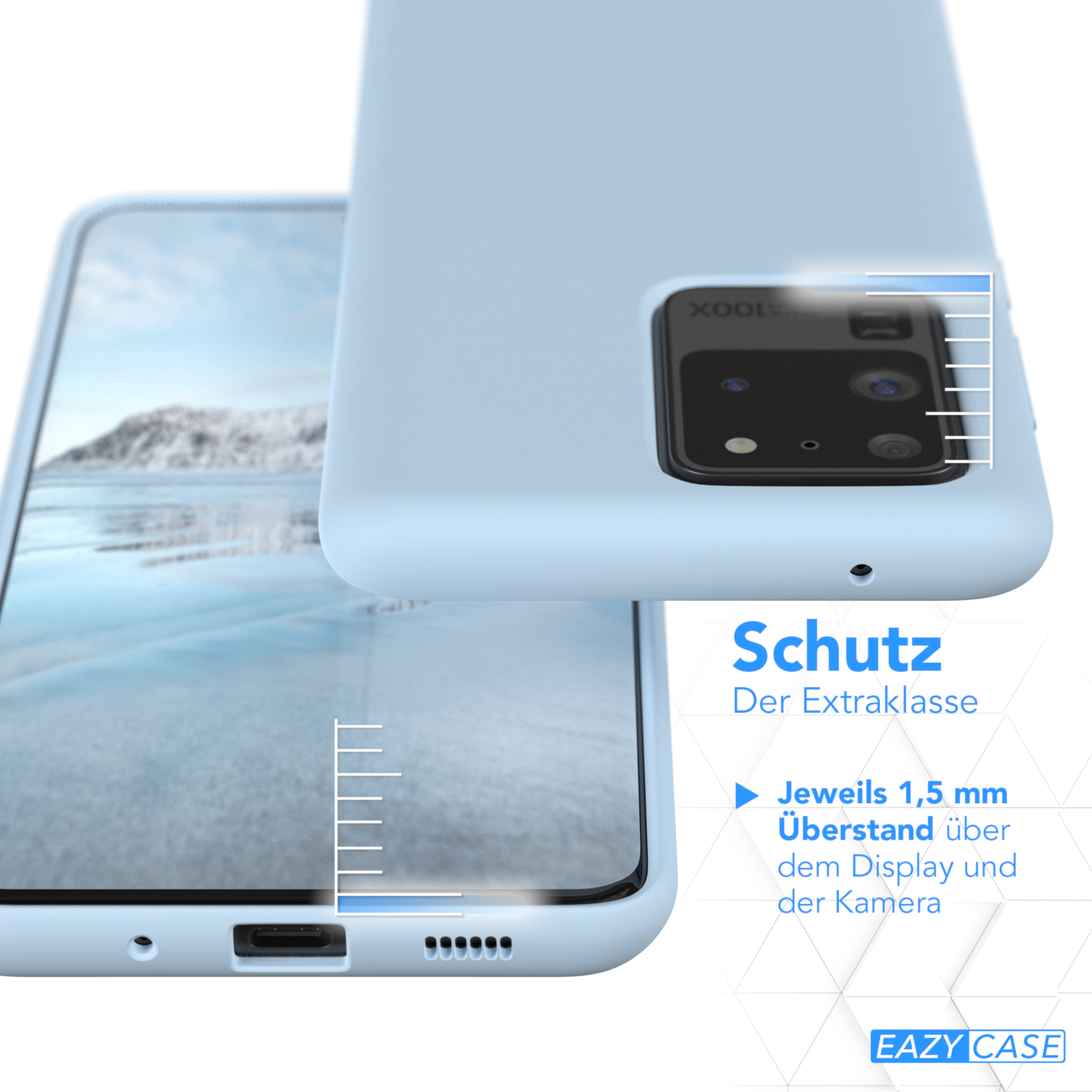 Zwei Telefone, eines in einer hellblauen Hülle. Nahaufnahme des Telefons und der Hülle.