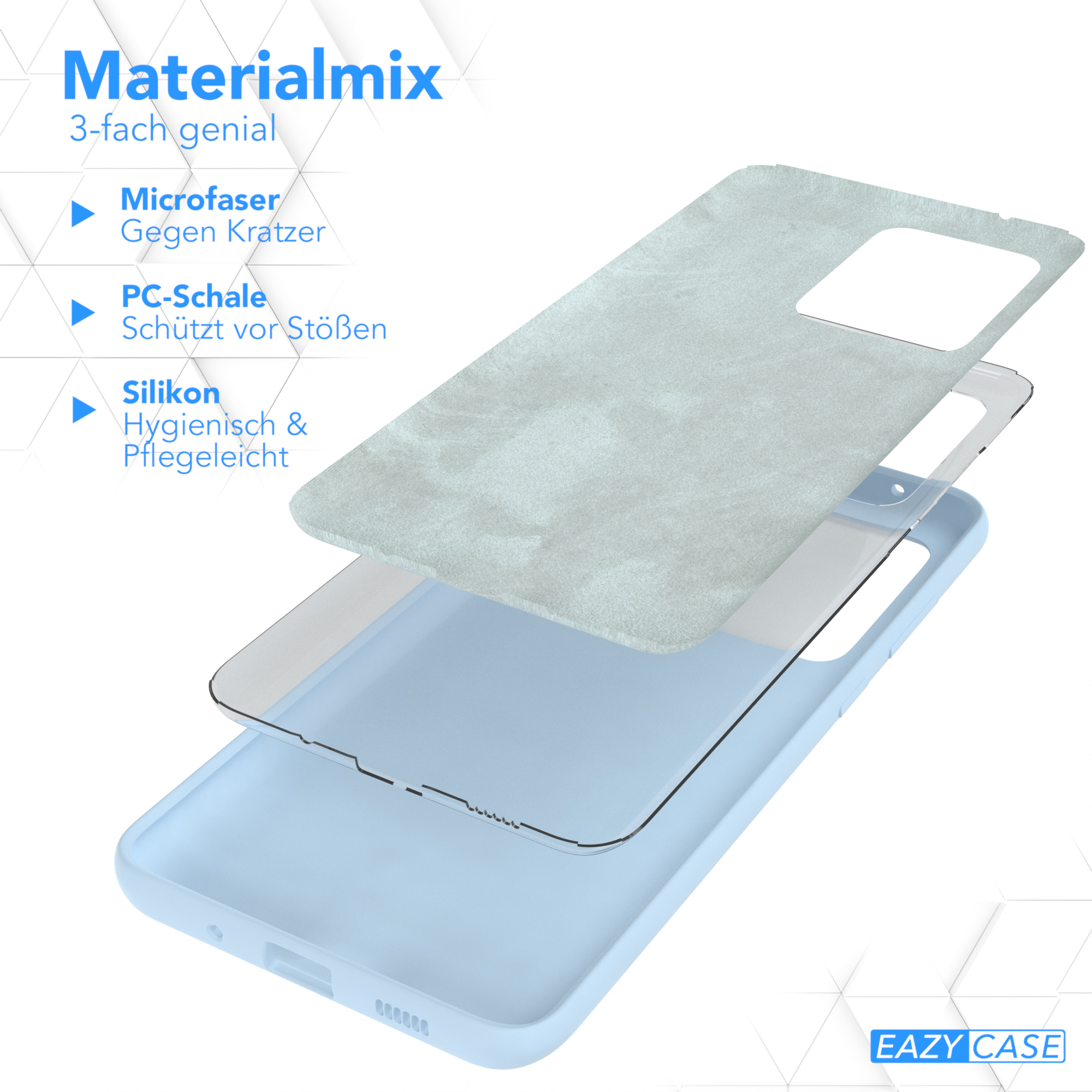 Mehrschichtige Handyhülle mit Text: Materialmix. Mikrofaser, PC-Schale und Silikon.