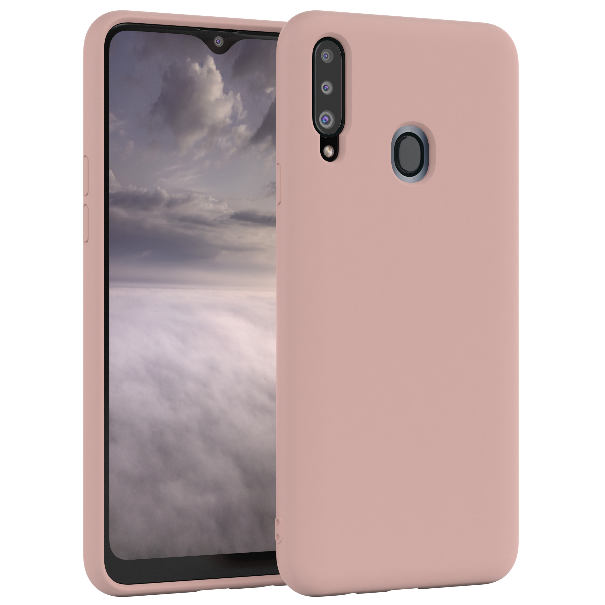 Zwei Telefone, beide mit rosafarbenem Gehäuse. Der Hintergrund ist ein verschwommenes Bild.