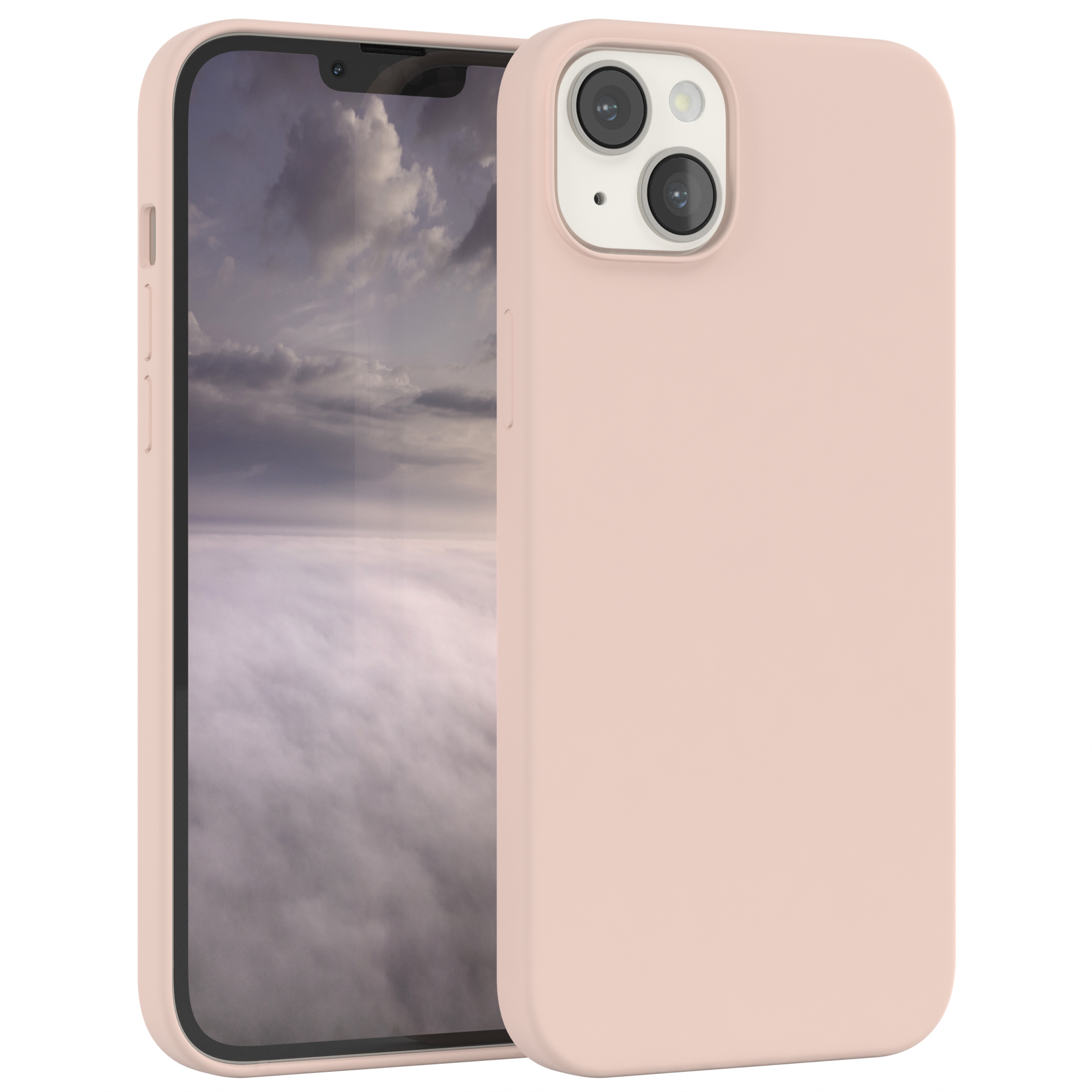 Rosa Handyhülle mit Telefon. Telefon zeigt eine bewölkte Himmelszene. Weißer Hintergrund.