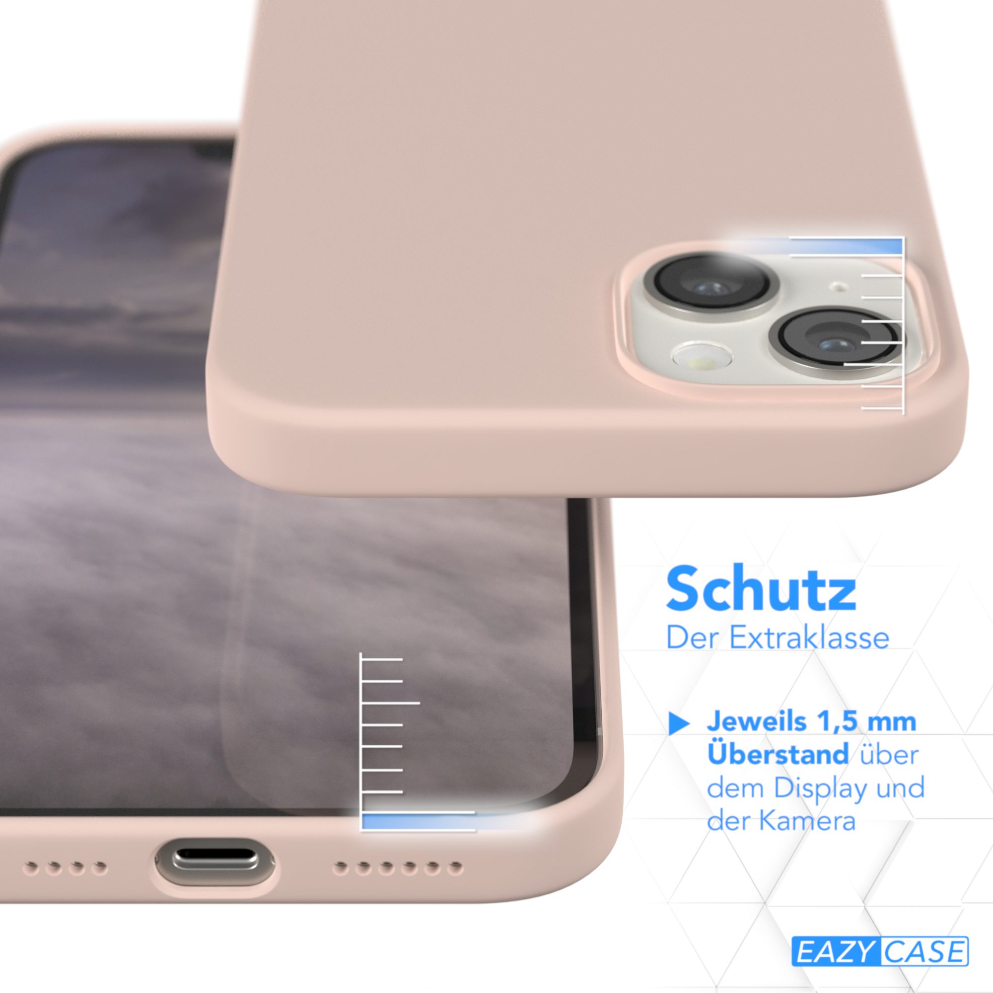 Nahaufnahme einer Handyhülle über einem Telefon. Ein Lineal zeigt den zusätzlichen Schutz.