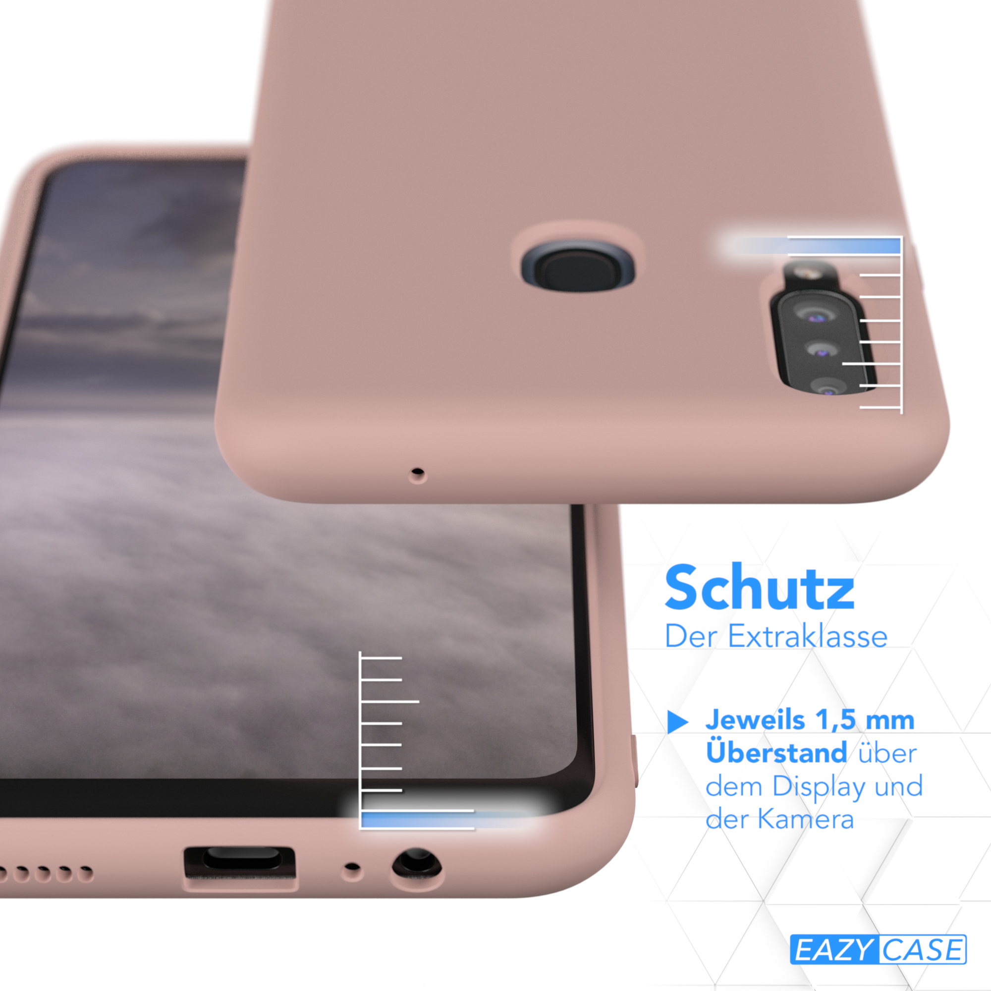 Nahaufnahme einer Handyhülle, rosa, mit Text und Lineal.